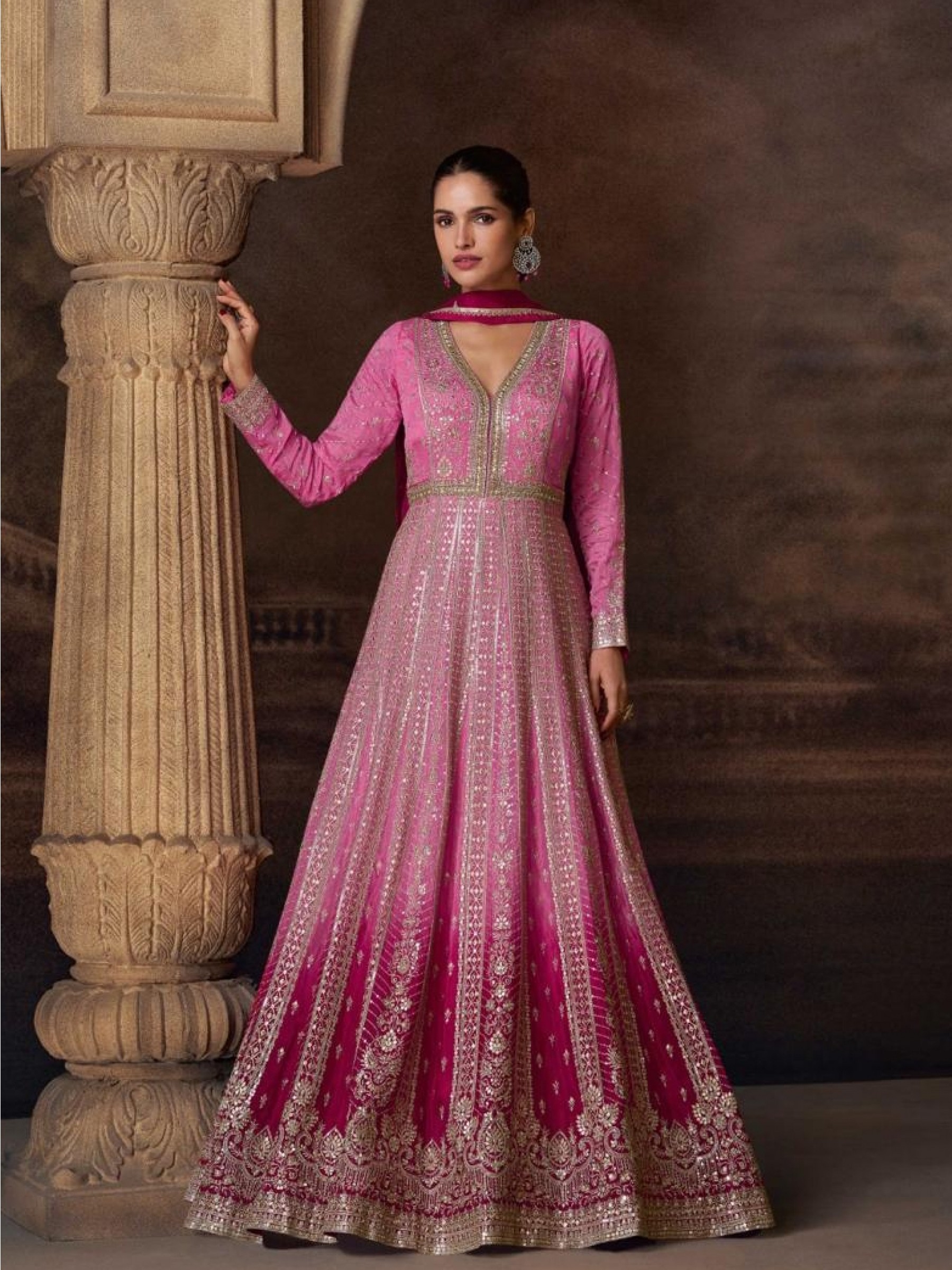 Pure Chinon Silk Party Wear Gown Pink Color with Embroidery Work