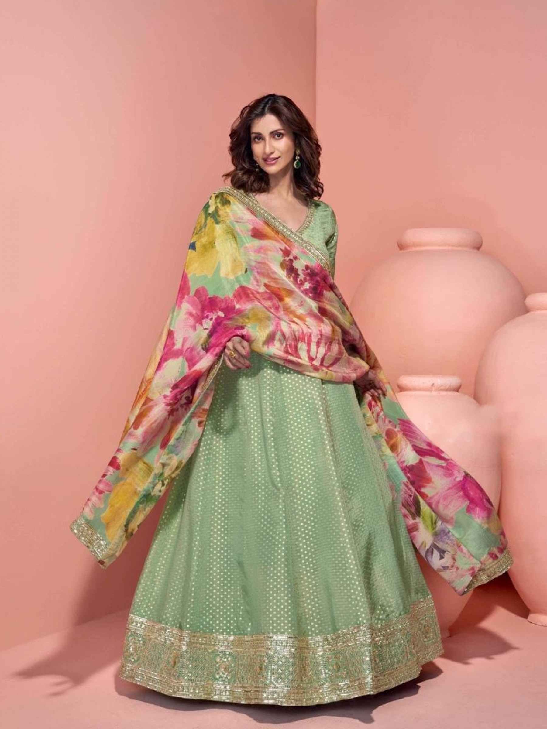 Pure Viscose Jacquard Silk Party Wear Gown Green Color with Embroidery Work