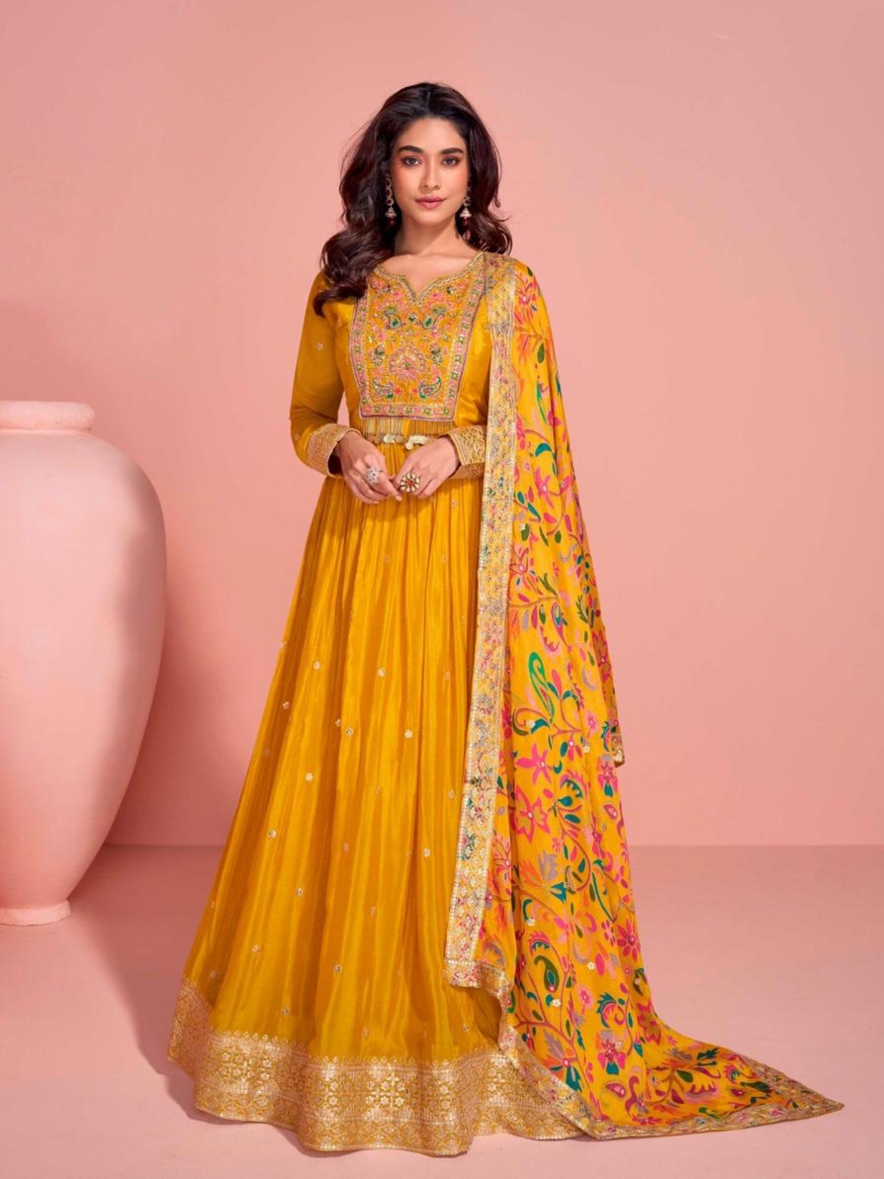Pure Chinon Silk Party Wear Gown Yellow Color with Embroidery Work