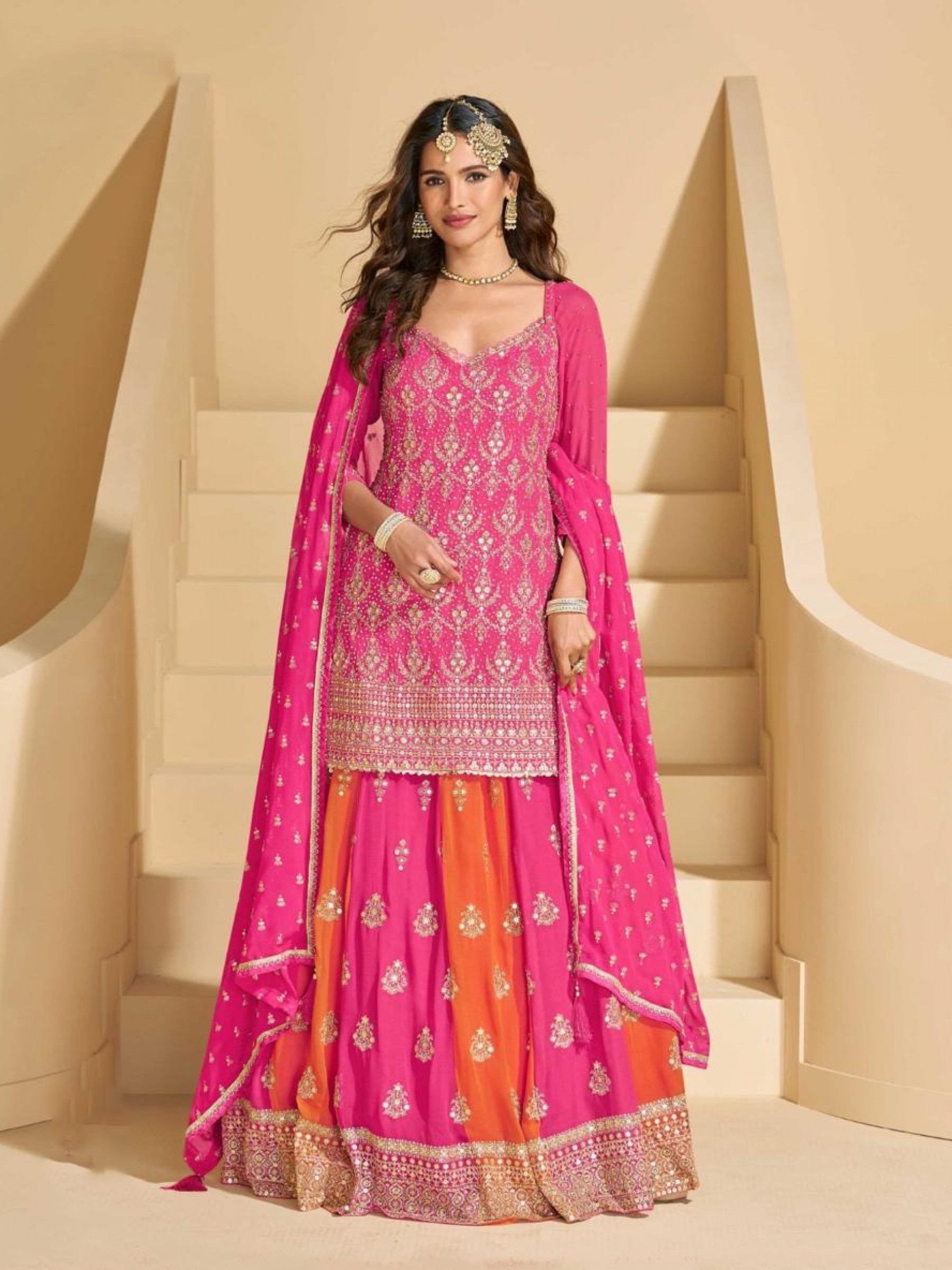 Real Georgette Fabric Party Wear Sharara Pink Color with Embroidery Work