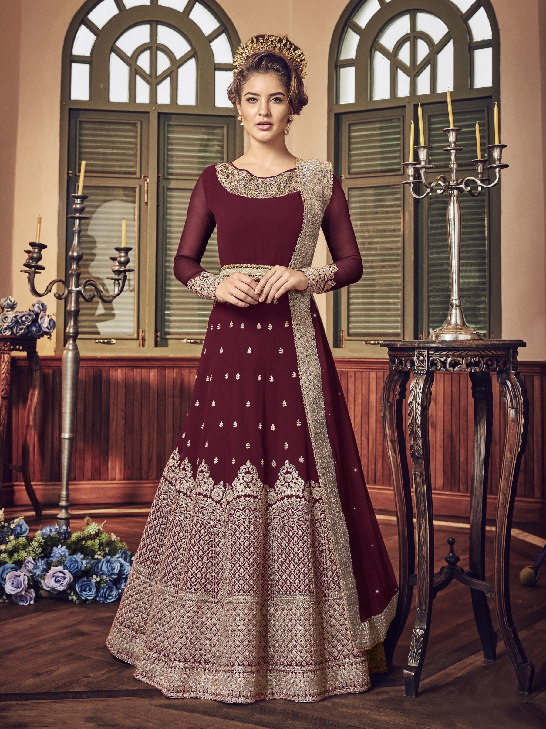 Festive Wear Party Wear Stunning Maroon Color Designer Jacquard Gown
