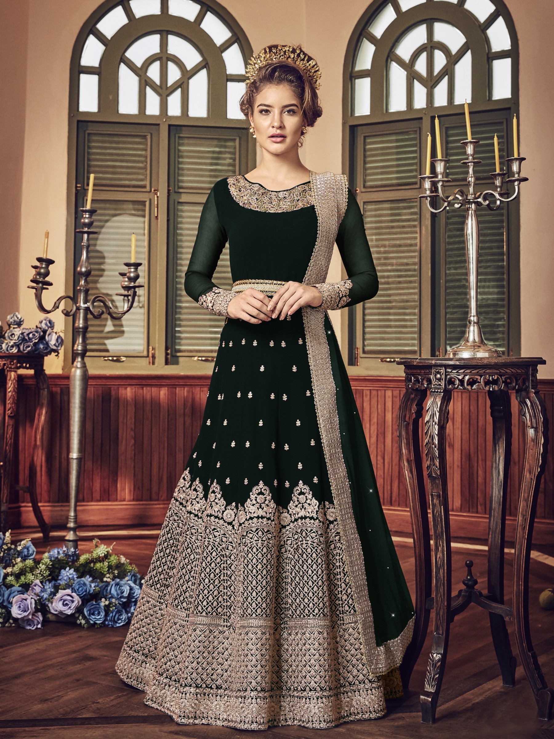 Georgette Party Wear Readymade Gown  in Green  with Embroidered work