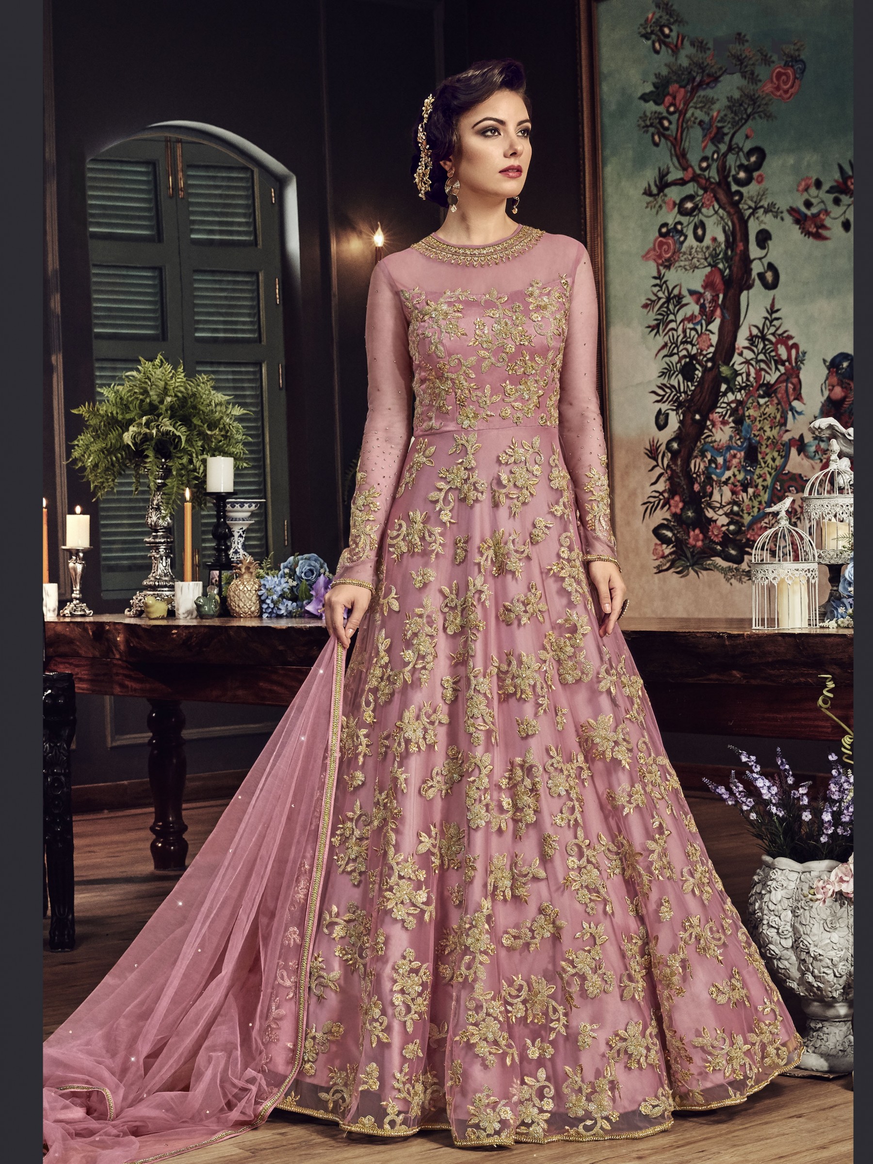 Net Party Wear Readymade Gown In Pink With Zari With Stone Work