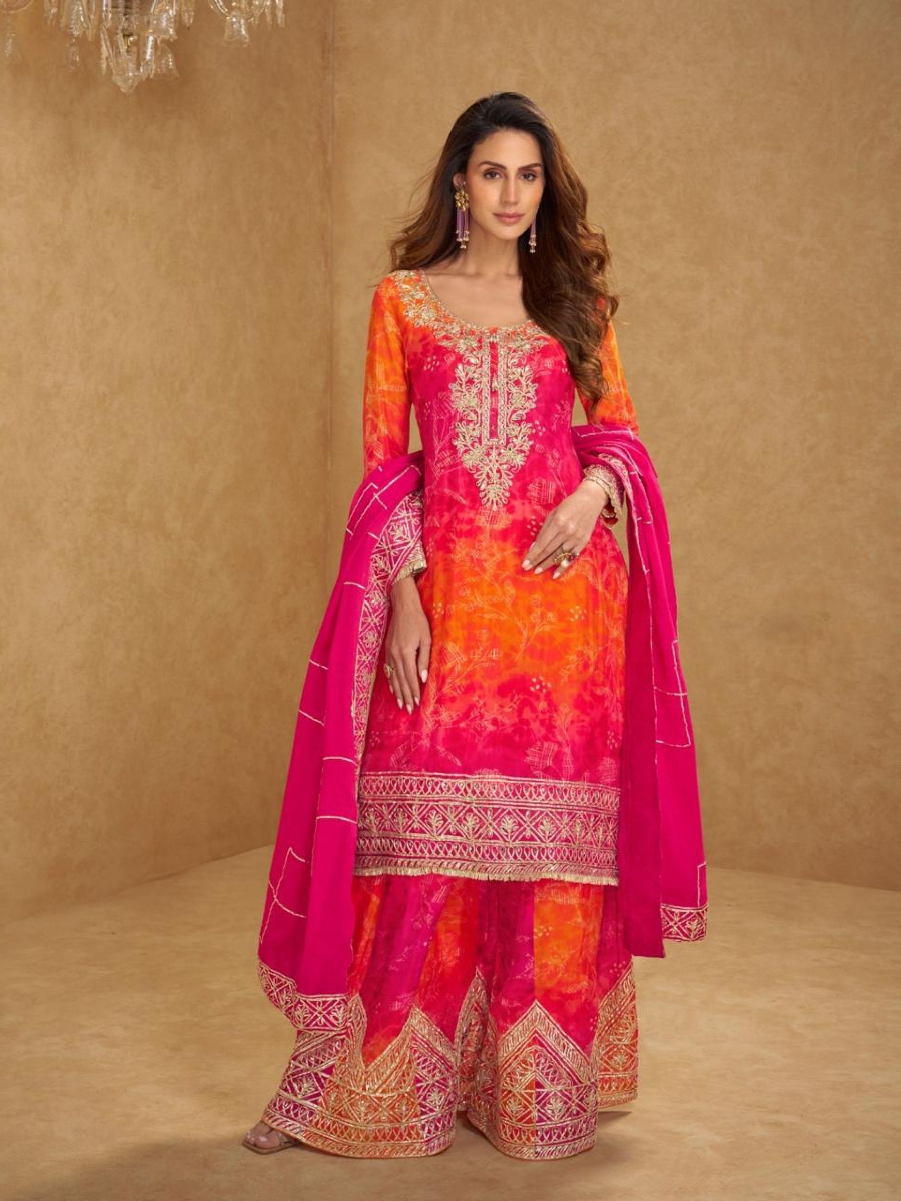 Premium Real Chinon Silk Party Wear Sharara Suit Pink Color with Embroidery Work