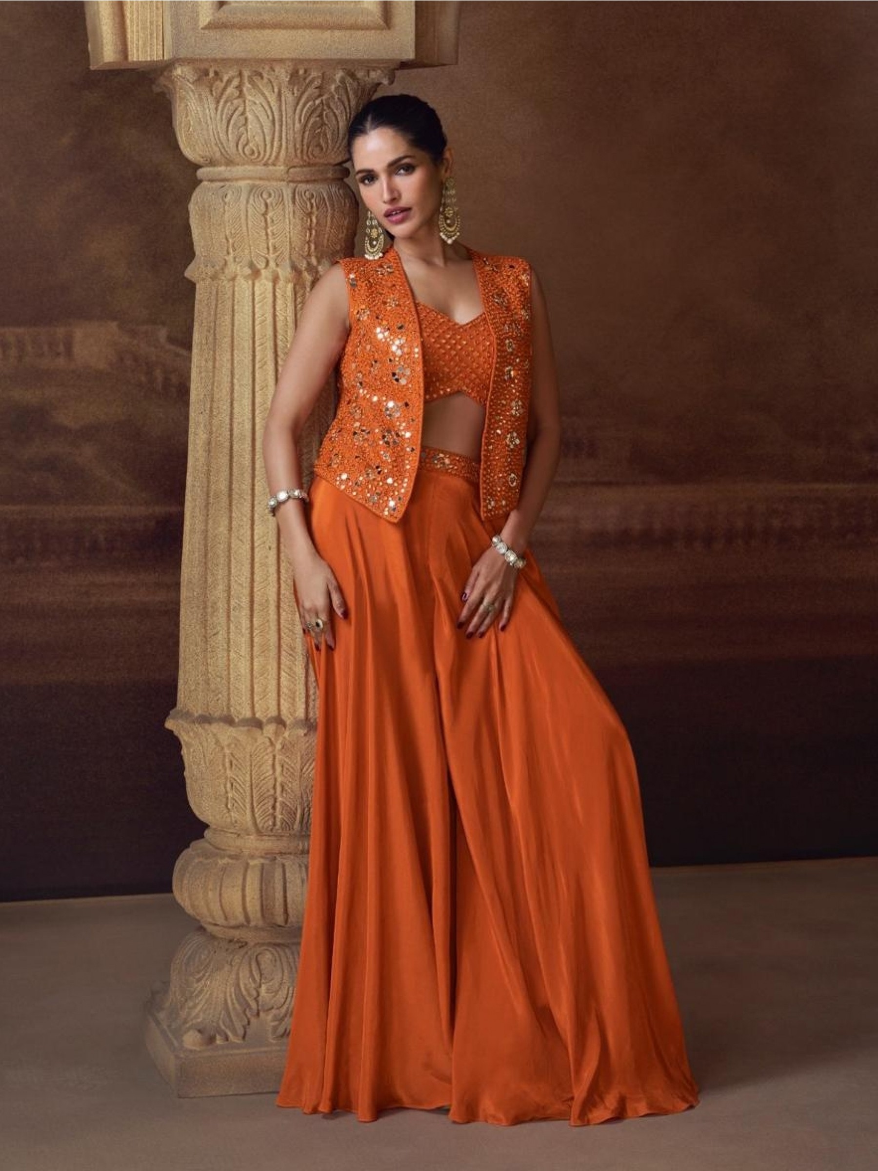 Pure Chinon Silk Party Wear 3 pcs In Orange Color with Embroidery Work