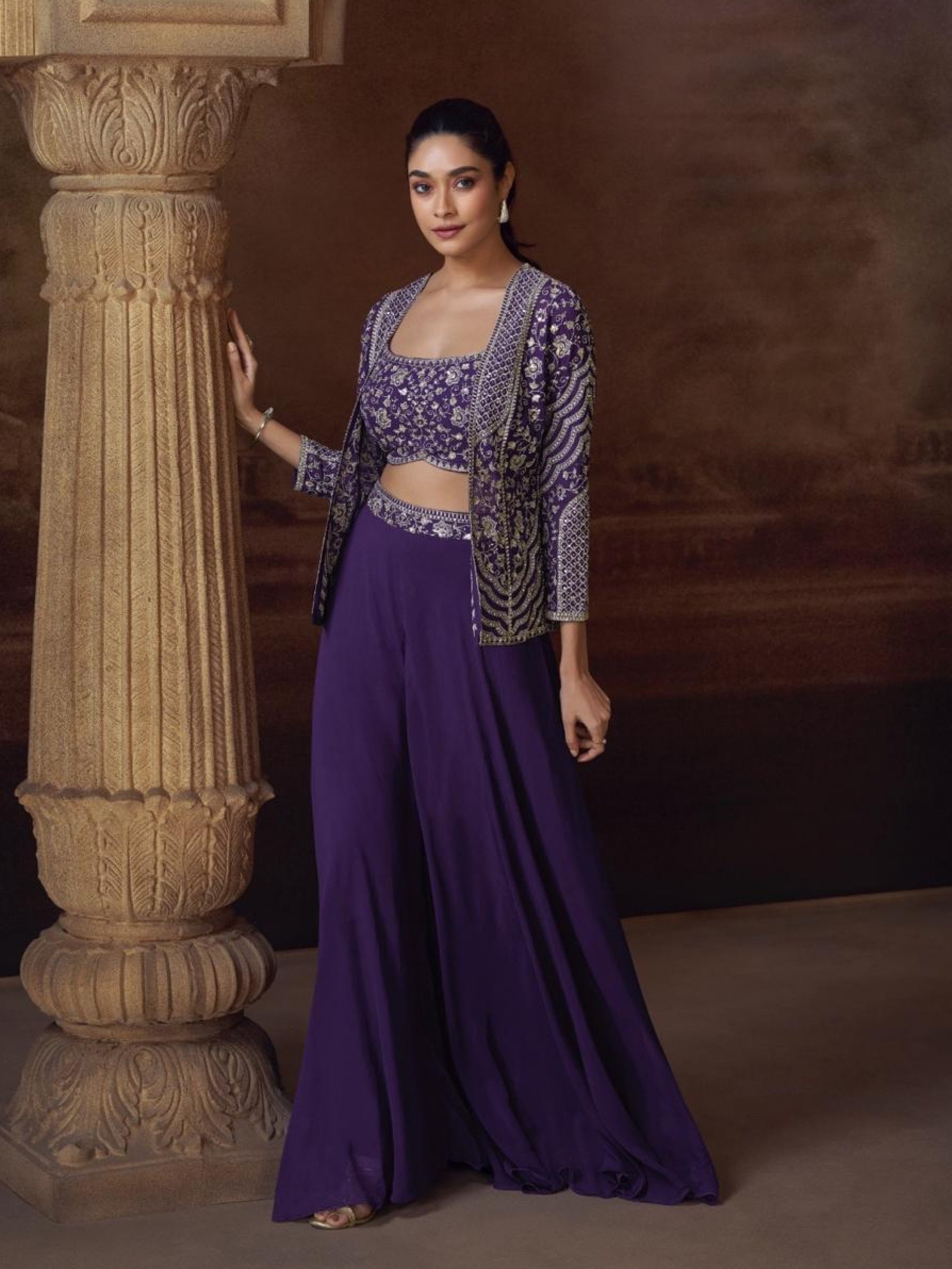 Pure Chinon Silk Party Wear 3 pcs In Purple Color with Embroidery Work