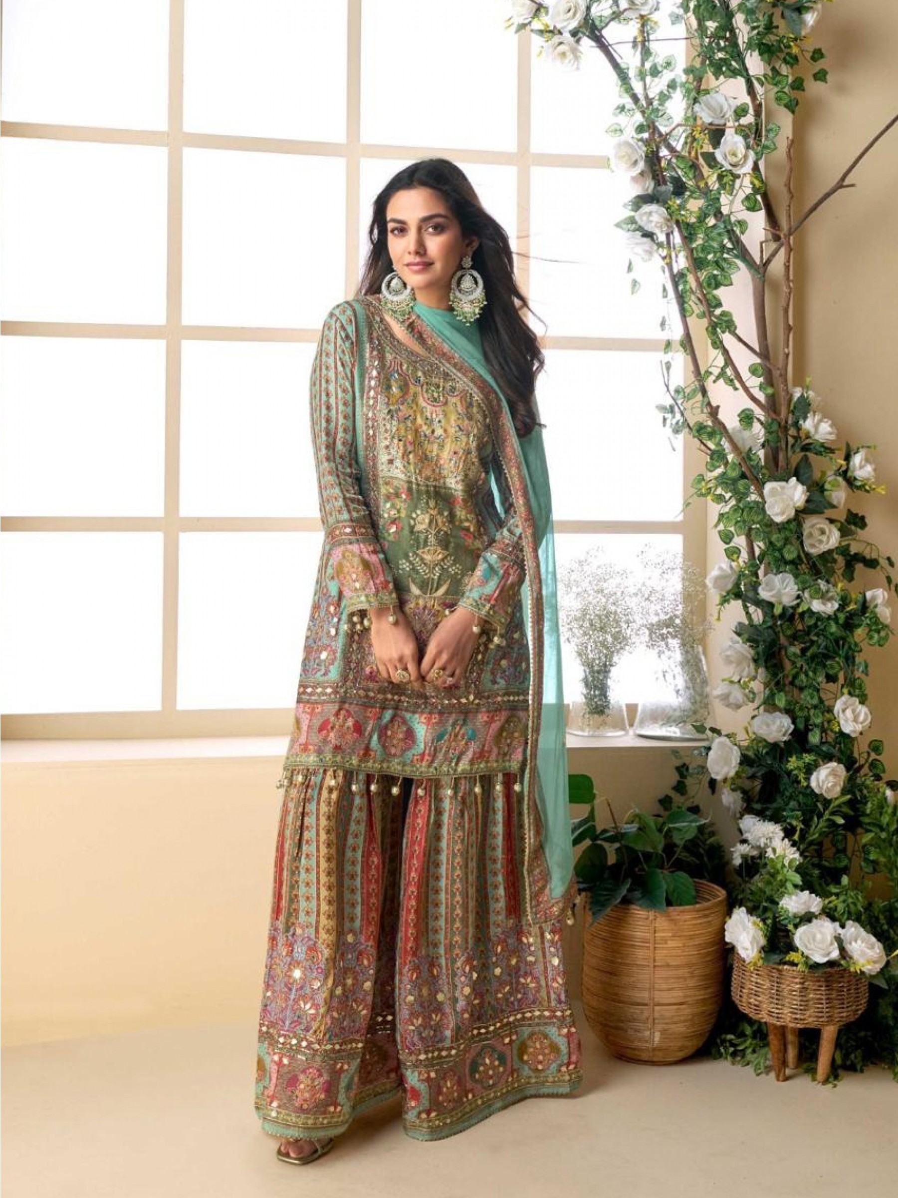 Pure Viscose natural Crepe Silk Party Wear Sharara Multi Color with Aari Work