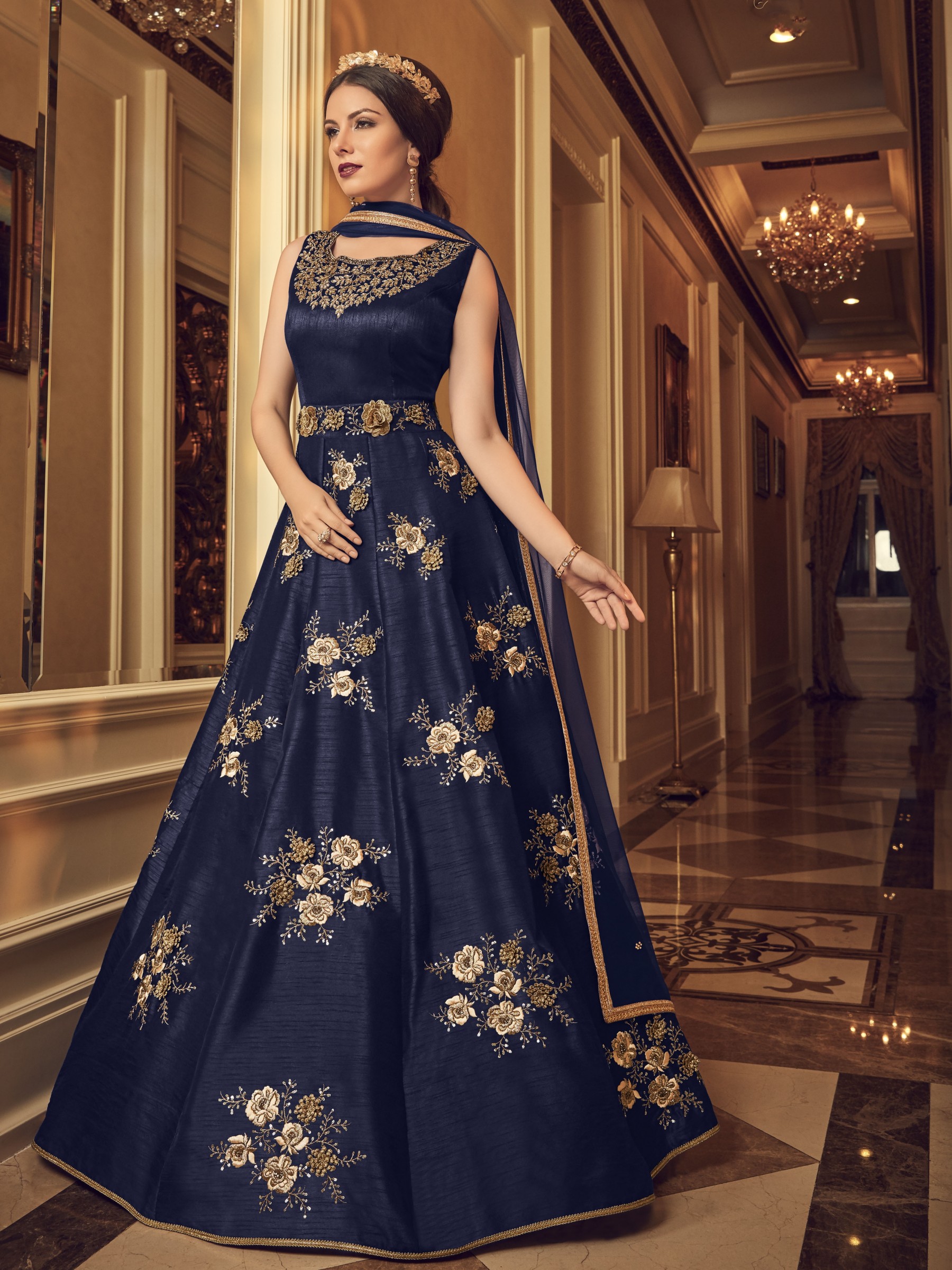 Bangalore Silk Party Wear Readymade Gown In Blue With Resham Work