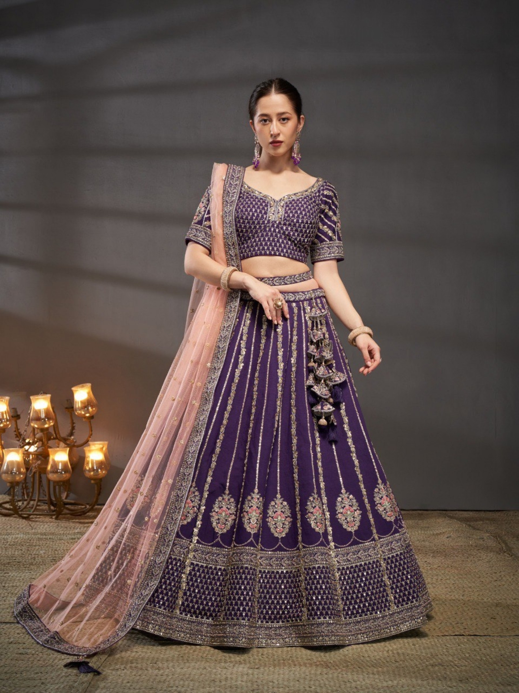 Pure Silk Lehenga In Purple Color With Embroidery Work, Moti Work & Zarkan Work  