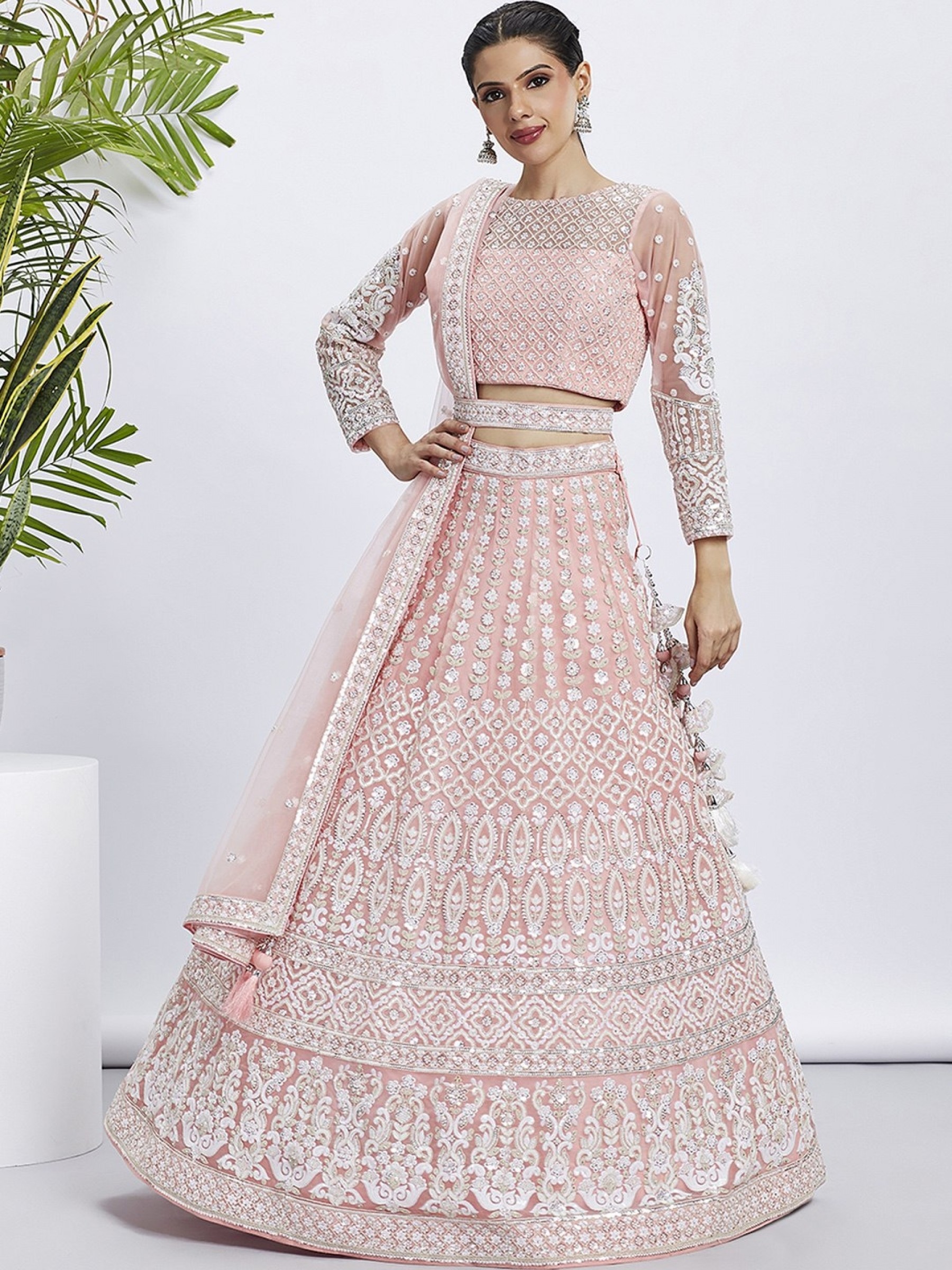 Soft Premium Net Lehenga Coral Color Lehenga With Embroidery Work & Sequence Work    
