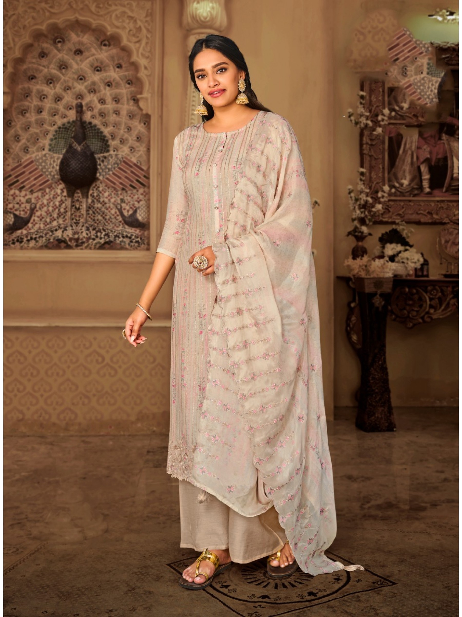 Chinon  Fabrics Party Wear Suit In Beige Color With Embroidery Work