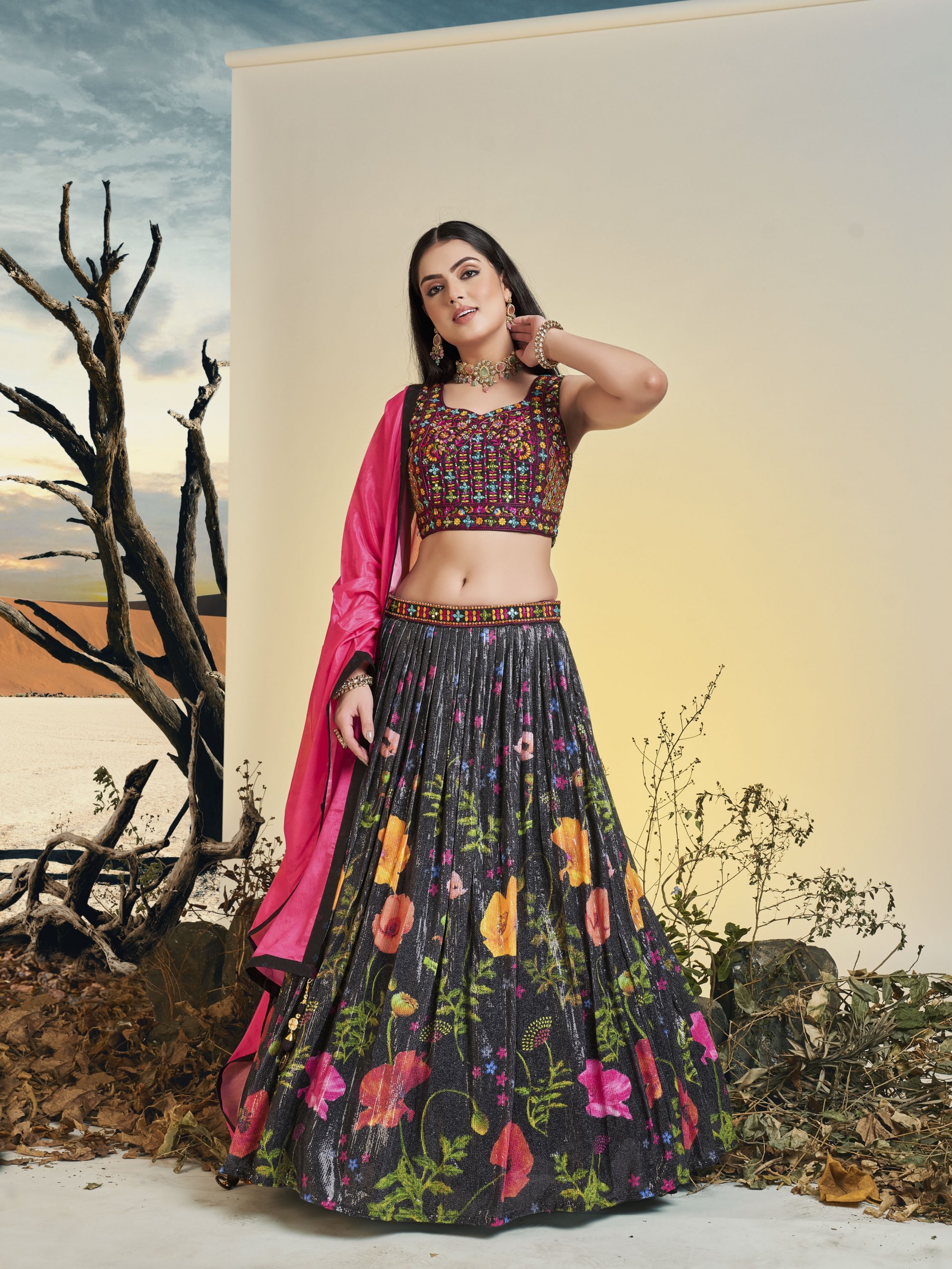 Chinon Silk Fabrics Party Wear Lehenga in Black Color With Embroidery  