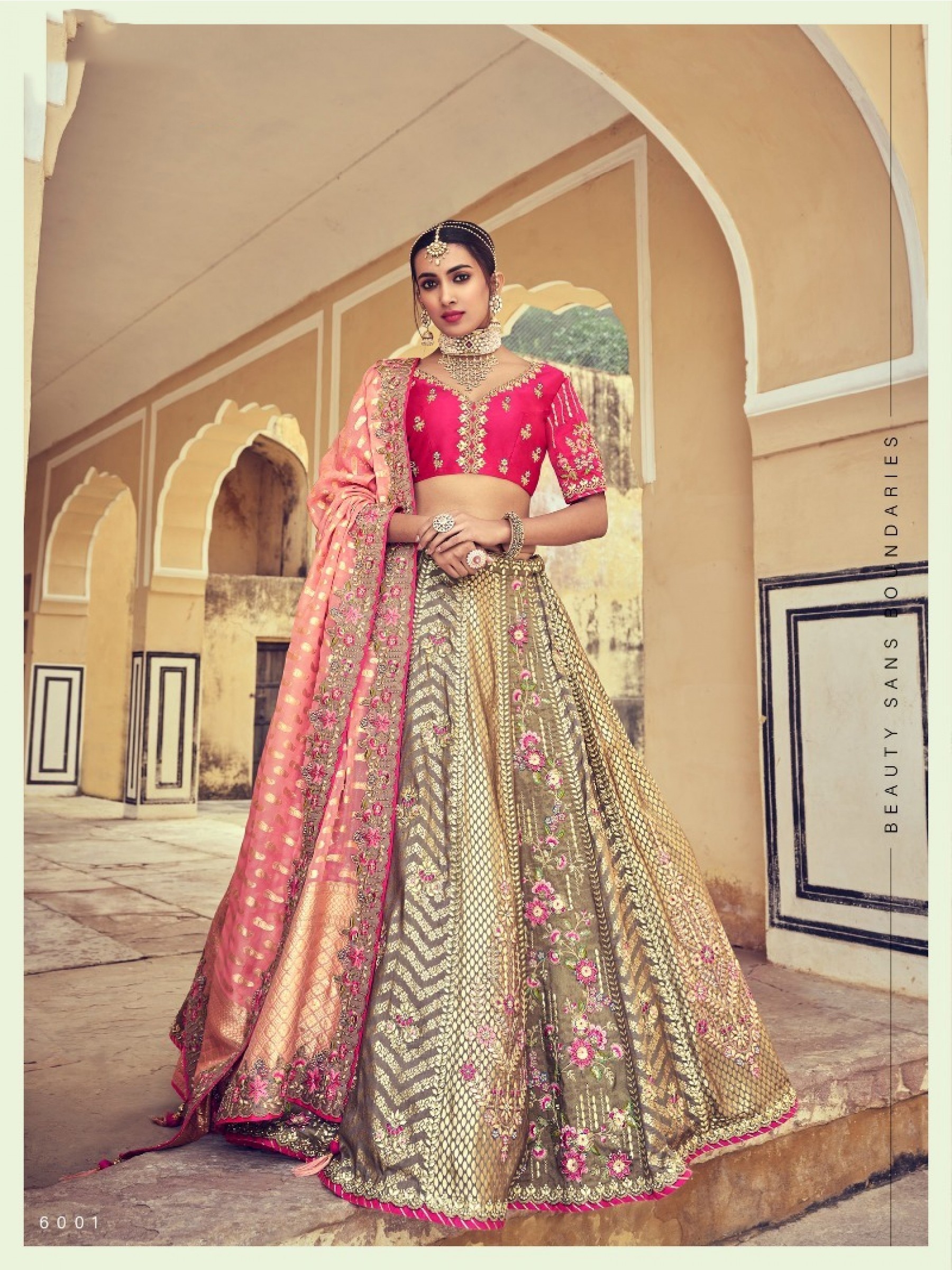 Pure Banarasi Silk Wedding Lehenga in Gold & Pink Color With Embroidery work