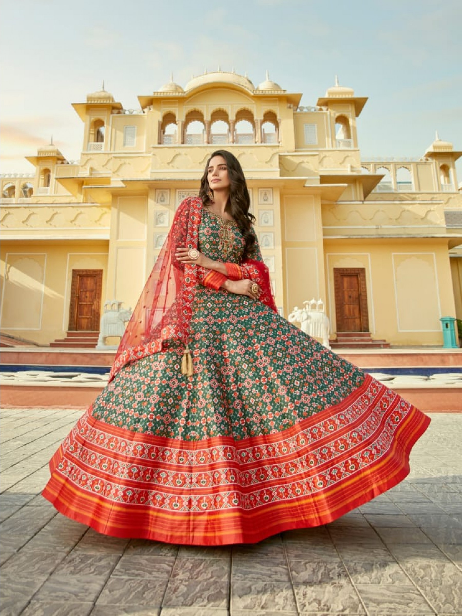 Patola Silk Party Wear Gown Green & Red Color with  Embroidery Work