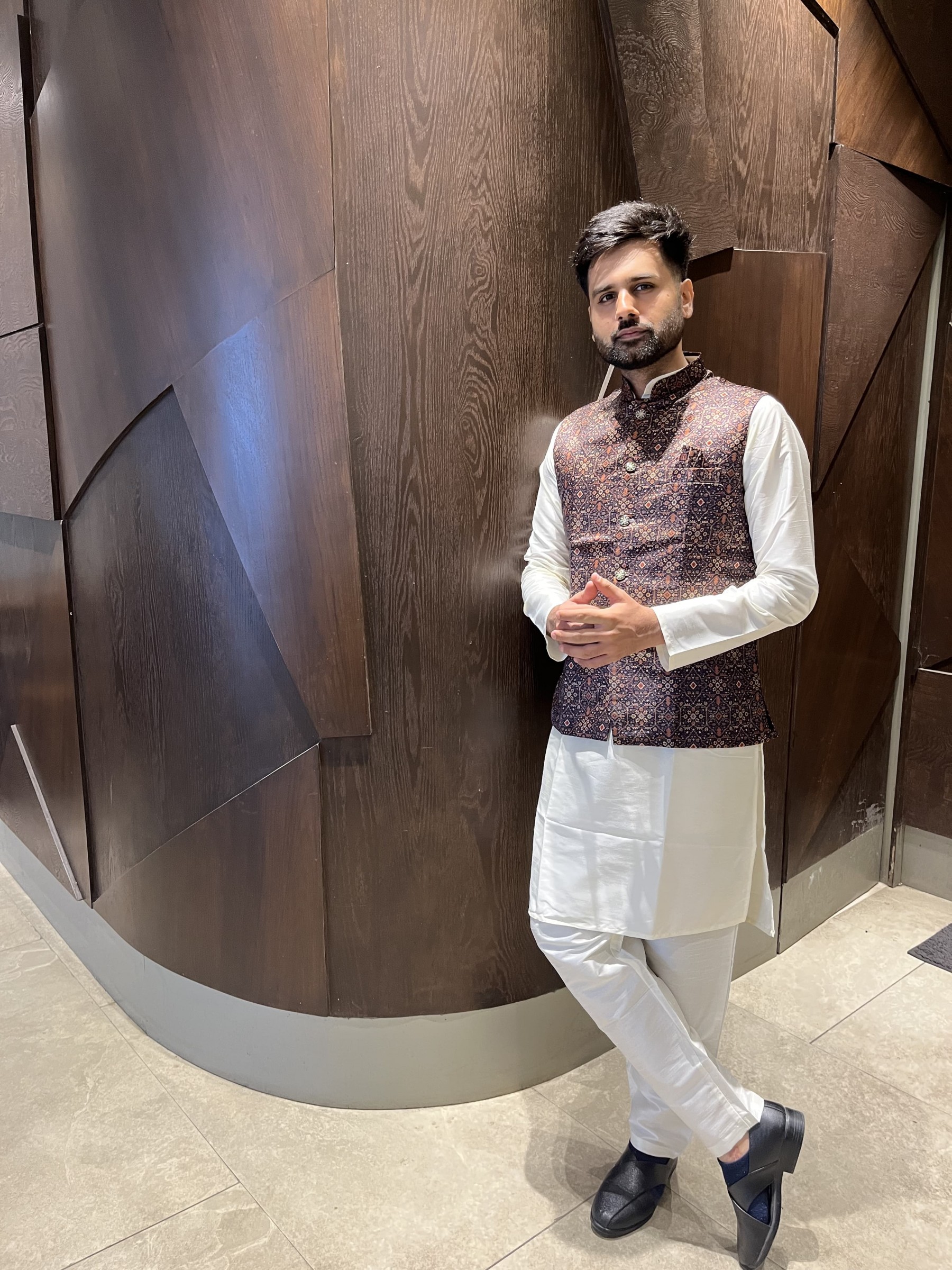 Pure Cotton Readymade Koti Kurta set in Off White & Blue With Jacquard Weaving 