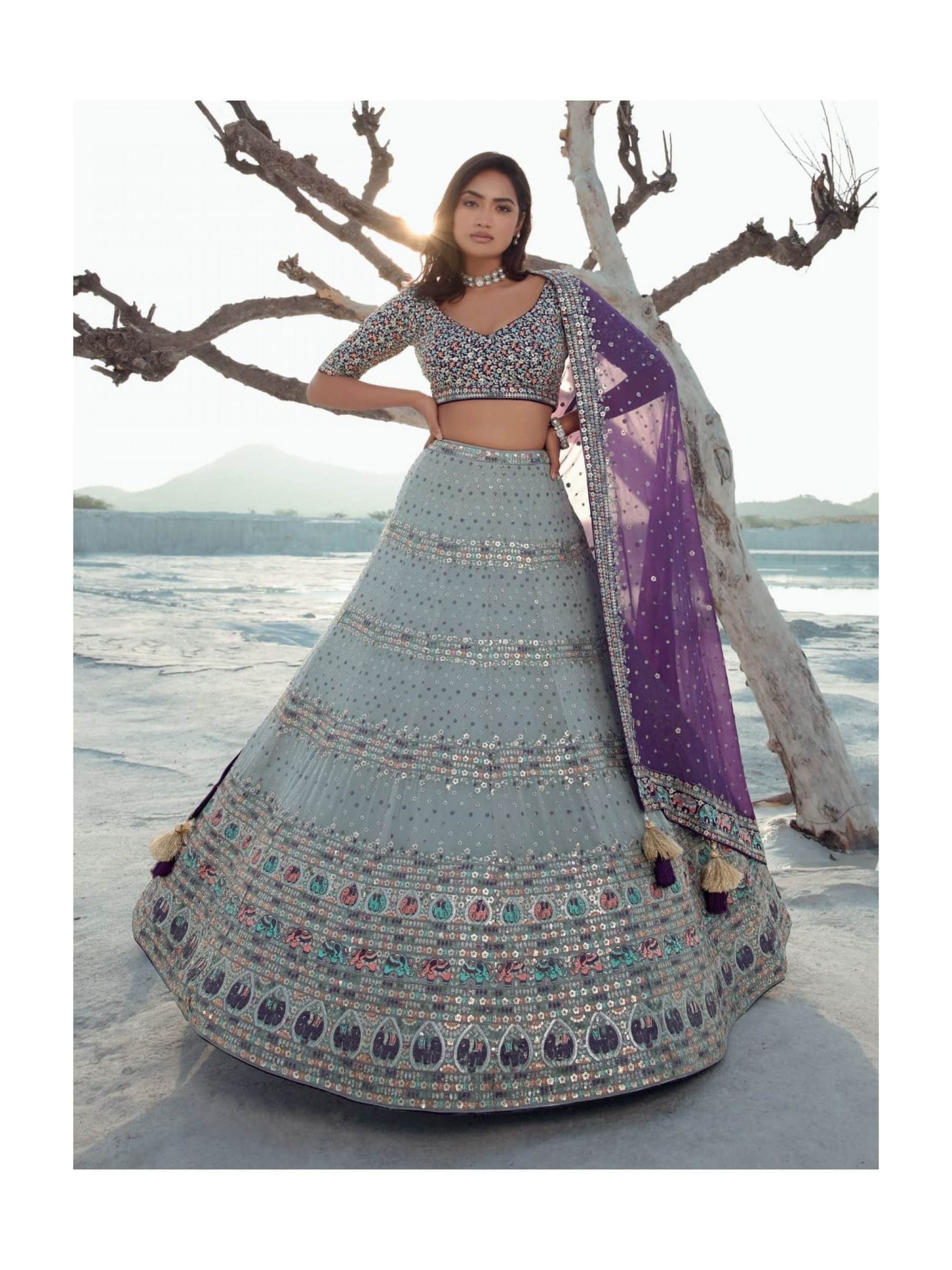 Georgette  Wedding Wear Lehenga In  Grey Color  With Embroidery Work