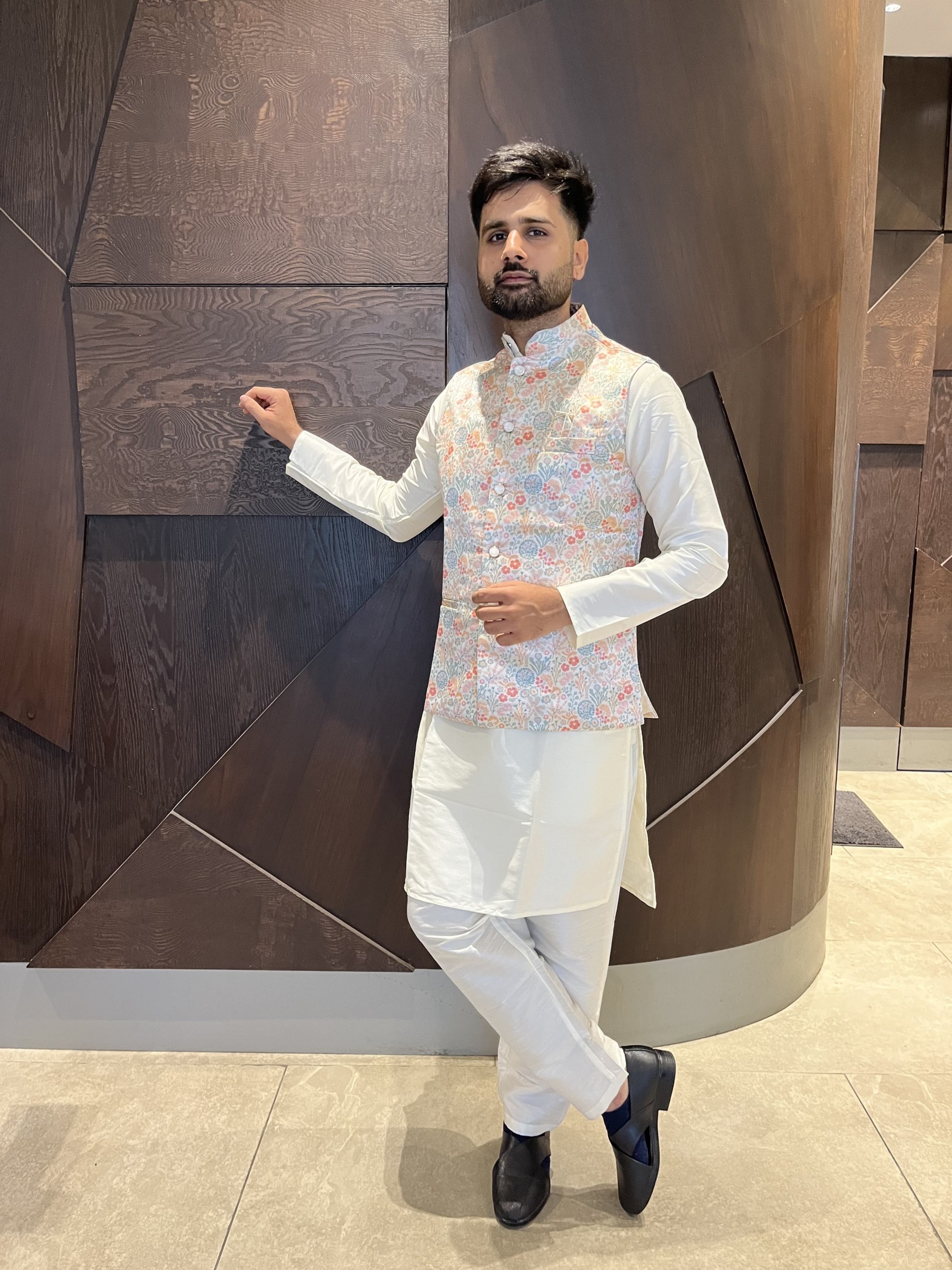 Pure Cotton Readymade Koti Kurta set in Off White With Jacquard Weaving 
