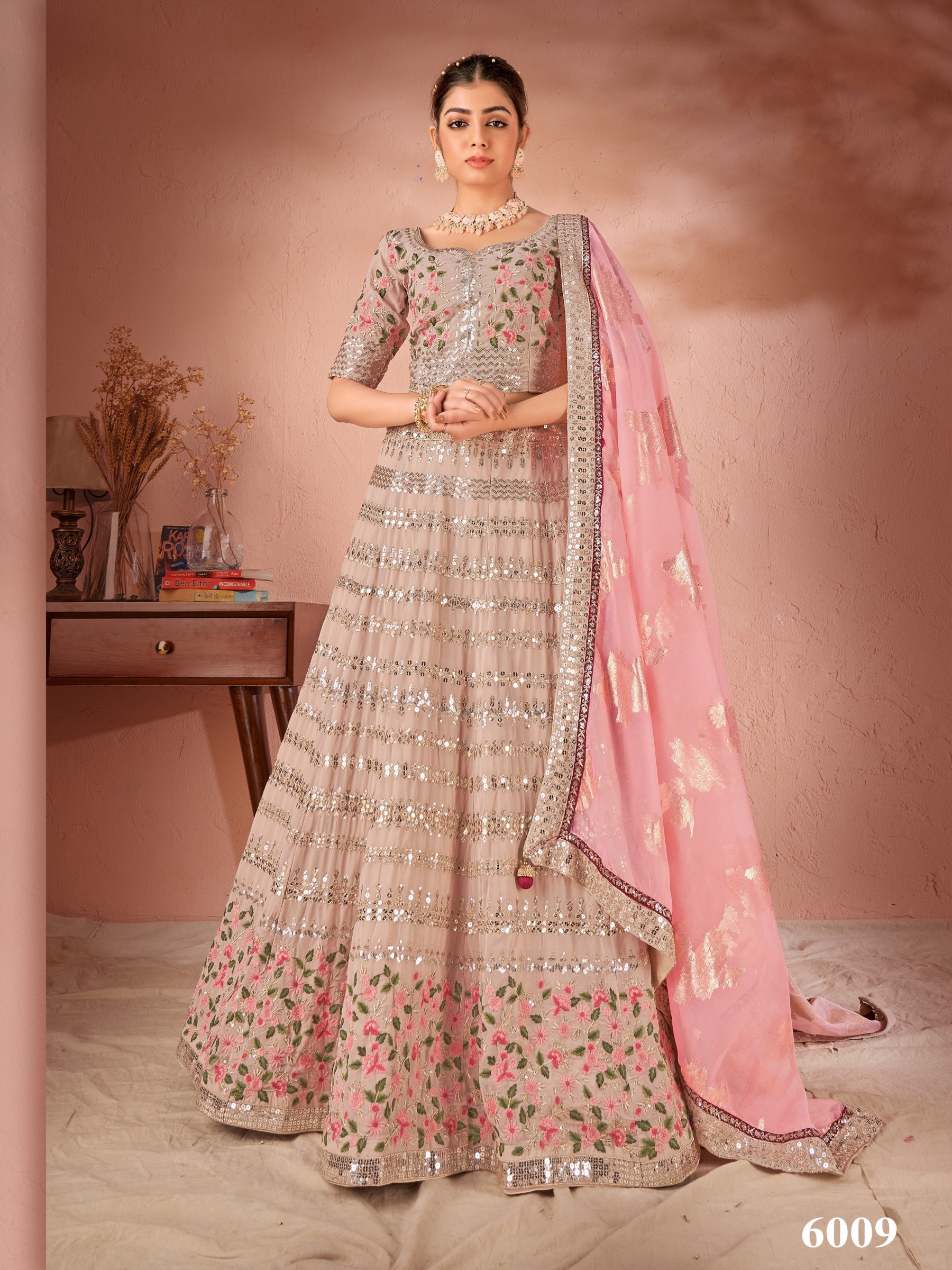 Pure Georgette Party Wear Wear Lehenga In Beige With Embroidery Work 