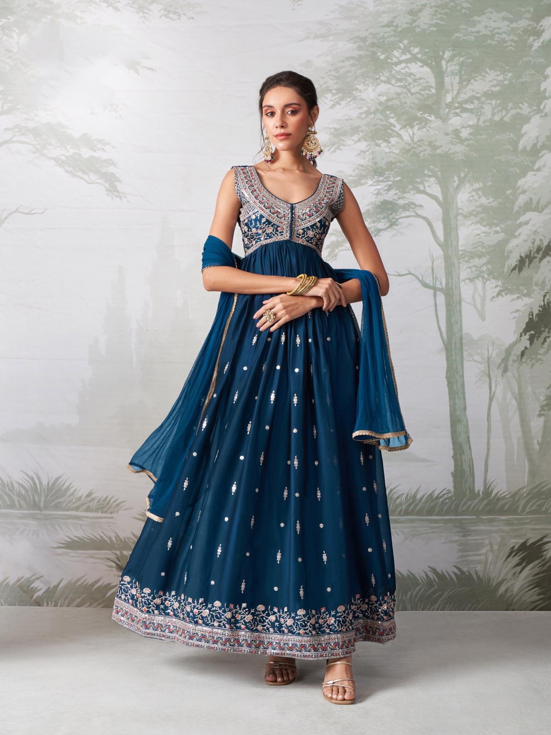 Pure Georgette Party Wear Gown Teal Blue Color with Embroidery Work