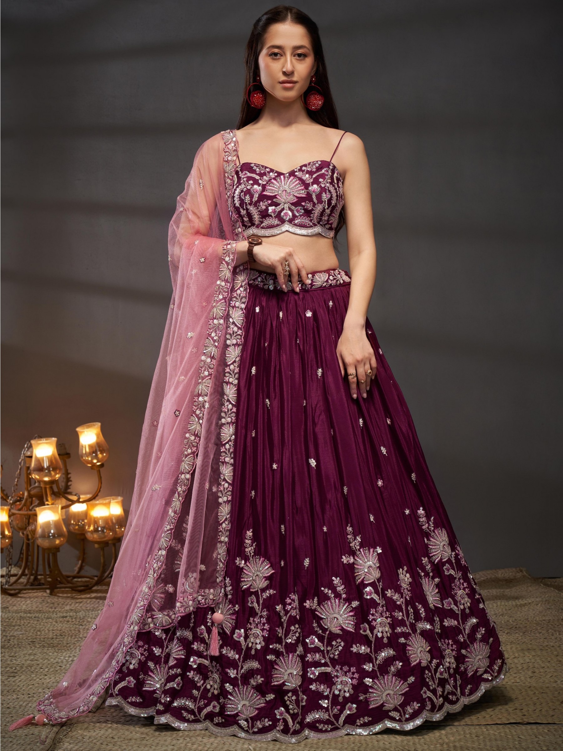 Pure Chiffon Lehenga Burgundy Color Lehenga With Embroidery Work & Sequence Work    