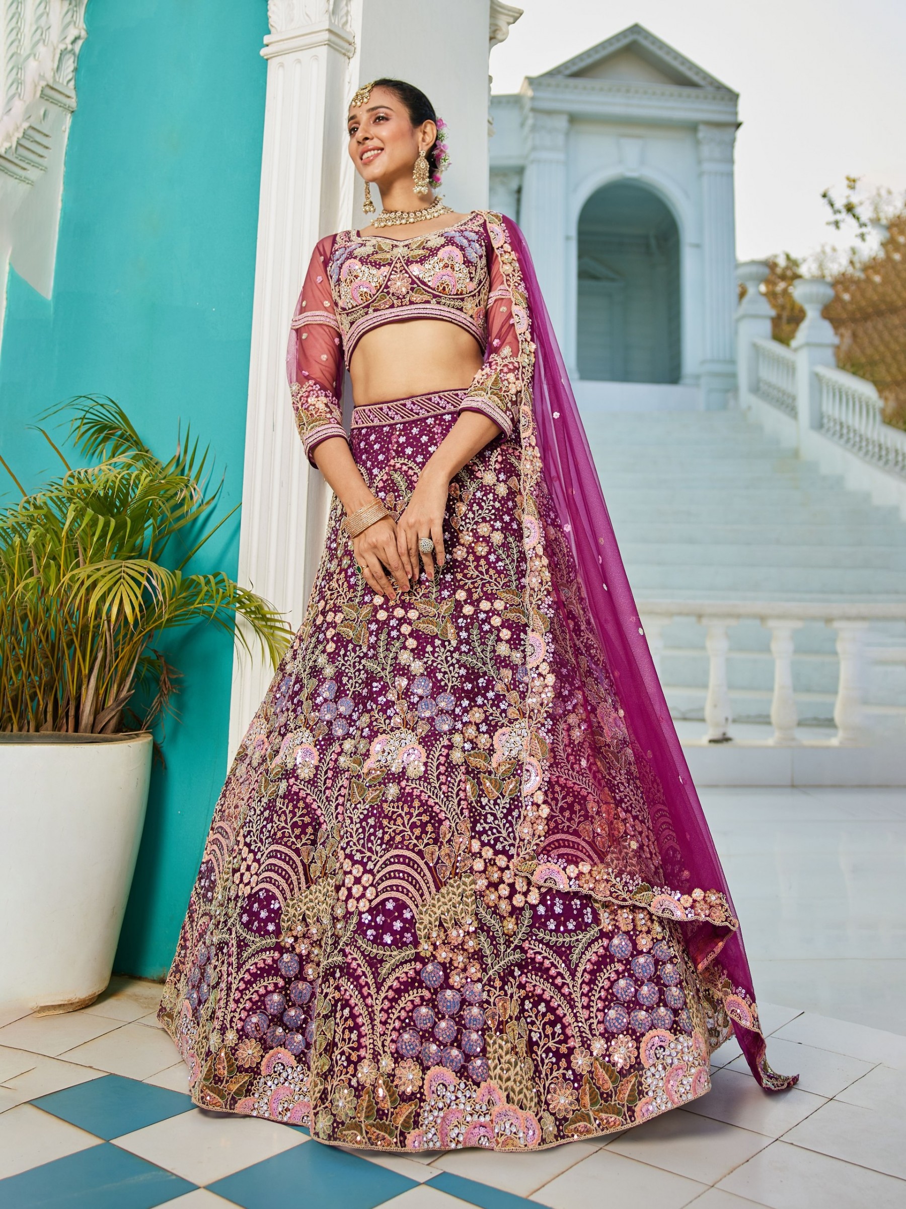 Soft Premium Net Fabric Lehenga In Burgundy Color With Embroidery Work & Zarkan Work    