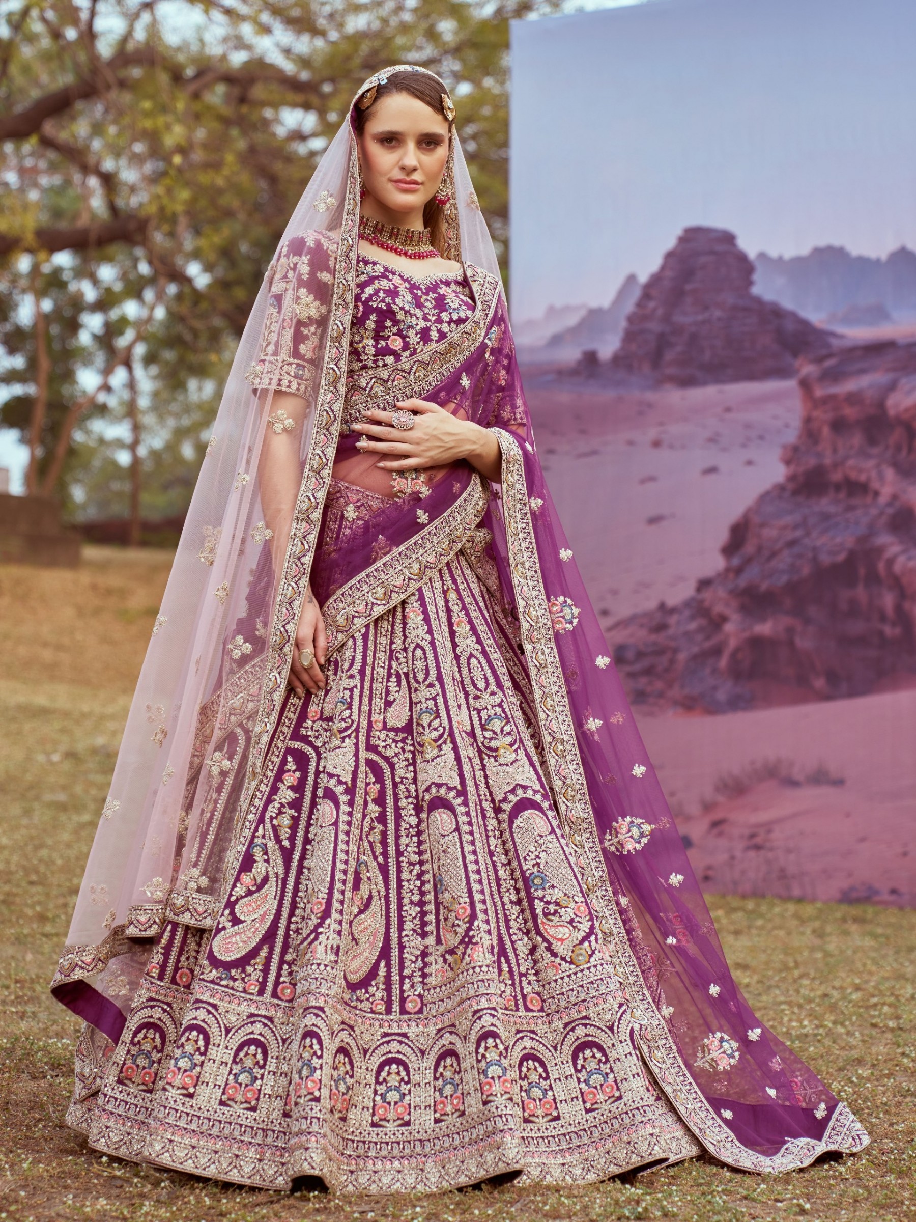 Pure Silk fabric Wedding Wear Lehenga In Purple Color With Embroidery Work 