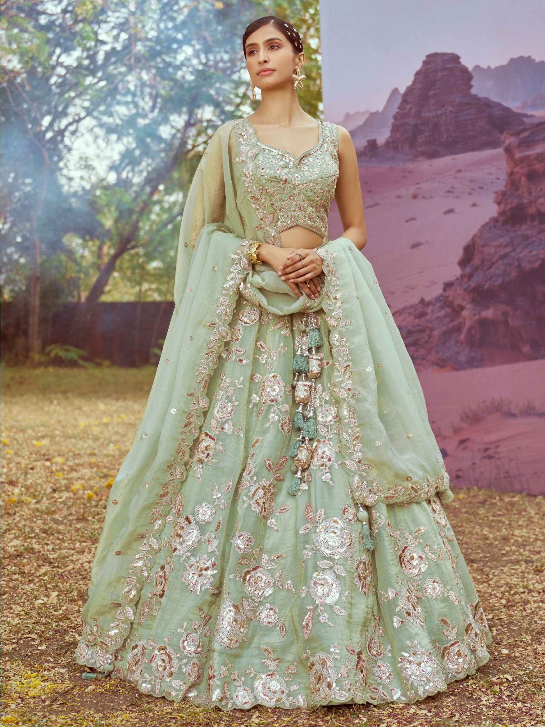 Pure Organza Silk fabric Lehenga Lime Green Color Lehenga With Embroidery Work