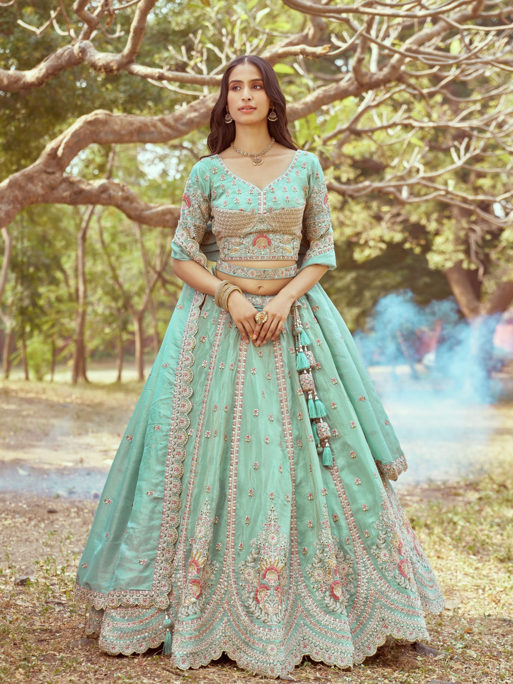 Pure Tissue Silk fabric Party Wear Lehenga In Seagreen Color With Embroidery Work 