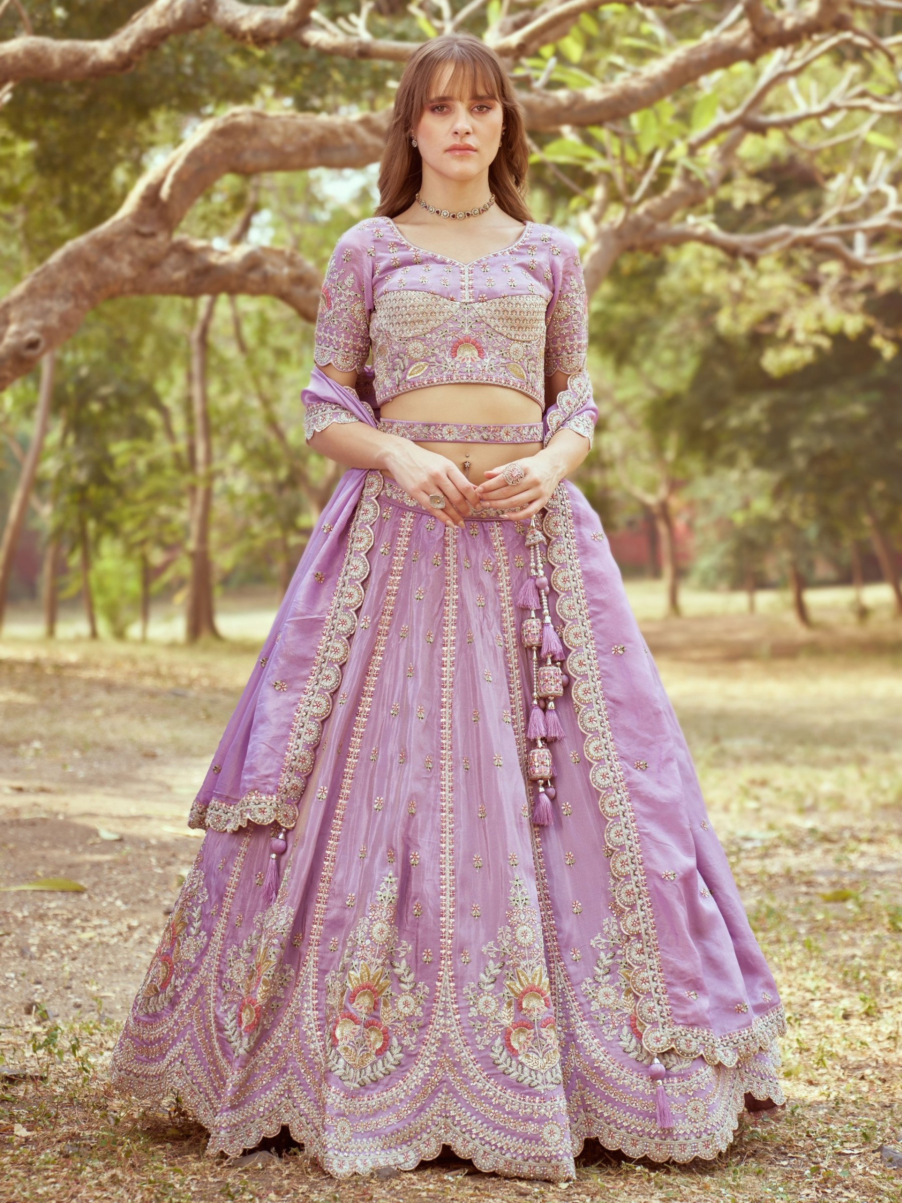 Pure Tissue Silk fabric Party Wear Lehenga In Lavender Color With Embroidery Work 