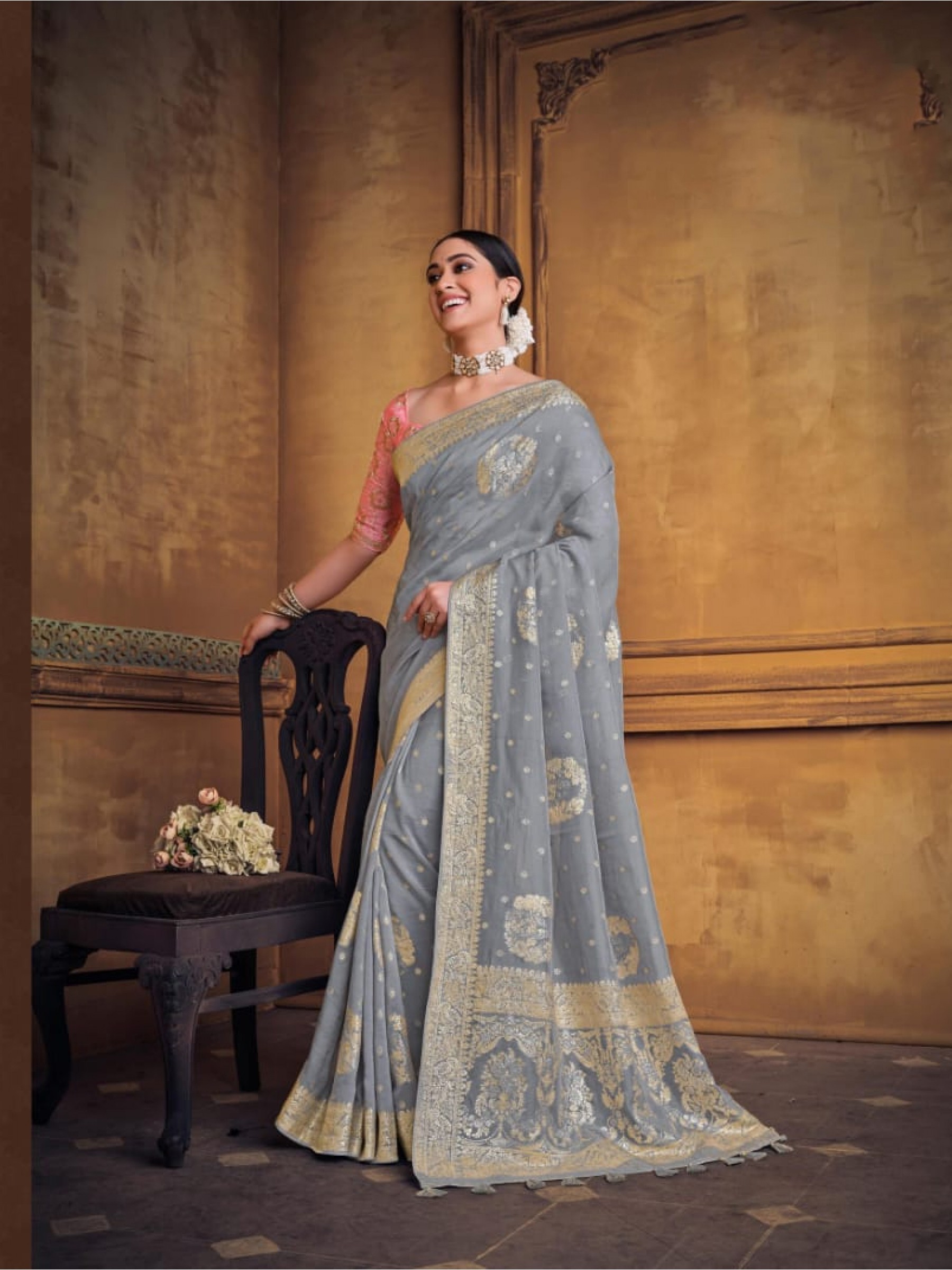 Dola Silk Saree In Grey Color With Embroidery Work