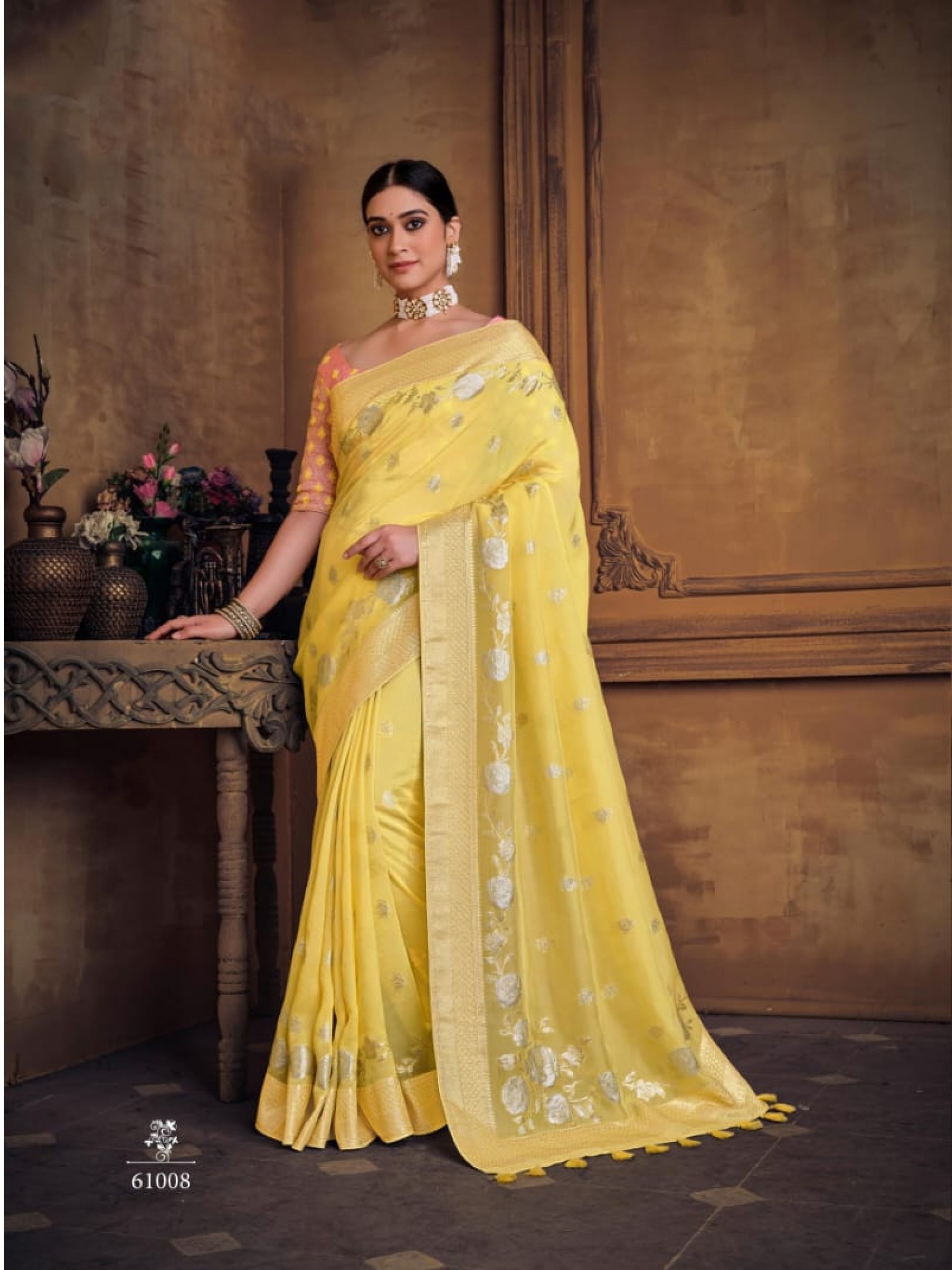 Dola Silk Saree In Yellow Color With Embroidery Work