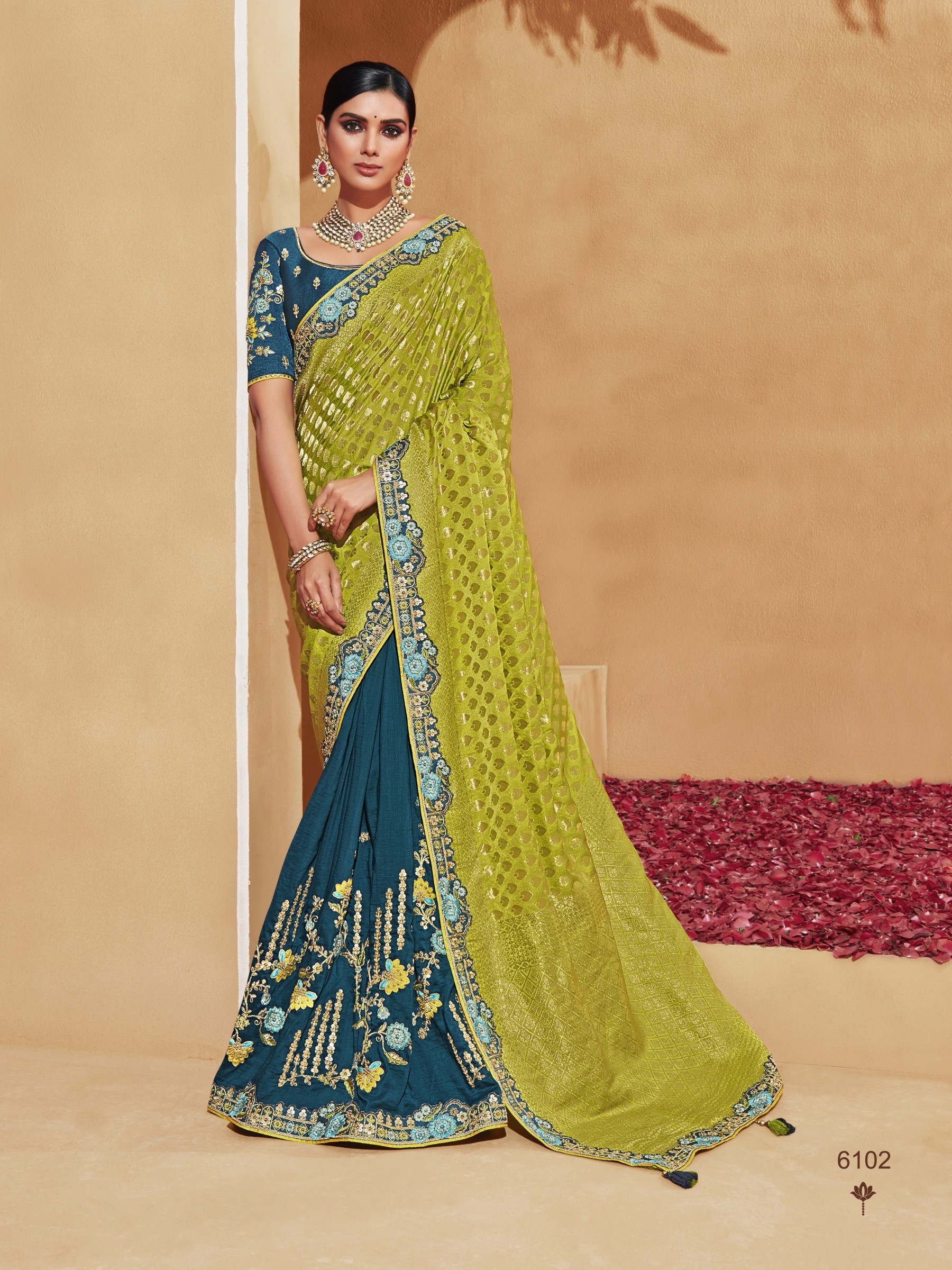  Banarsi silk  Saree Teal Blue & Green Color With Embroidery Work