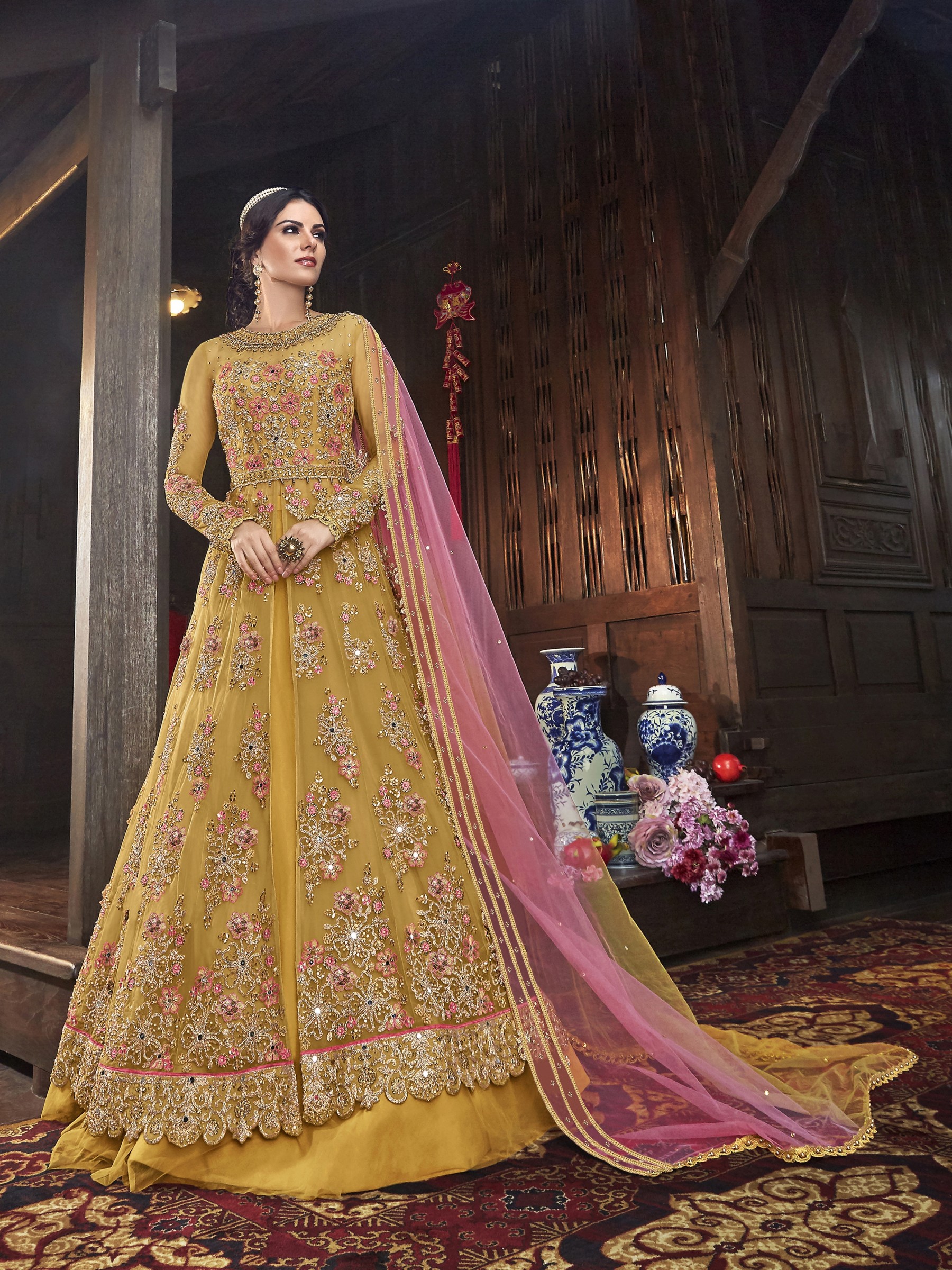 Soft Premium Net Wedding Wear Readymade Gown in Yellow with Embroidery & Stone work