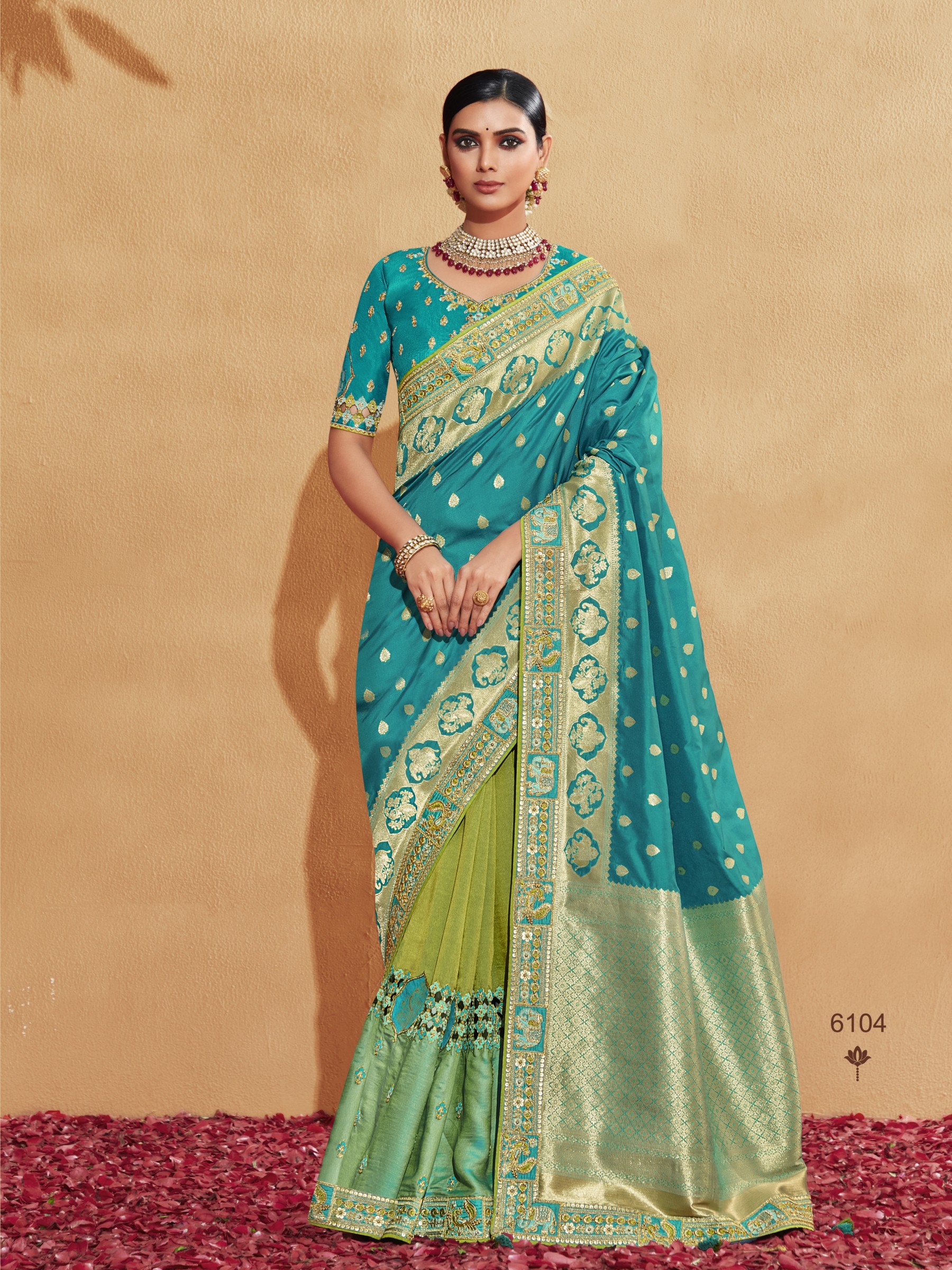  Banarsi silk  Saree Blue & Green Color With Embroidery Work