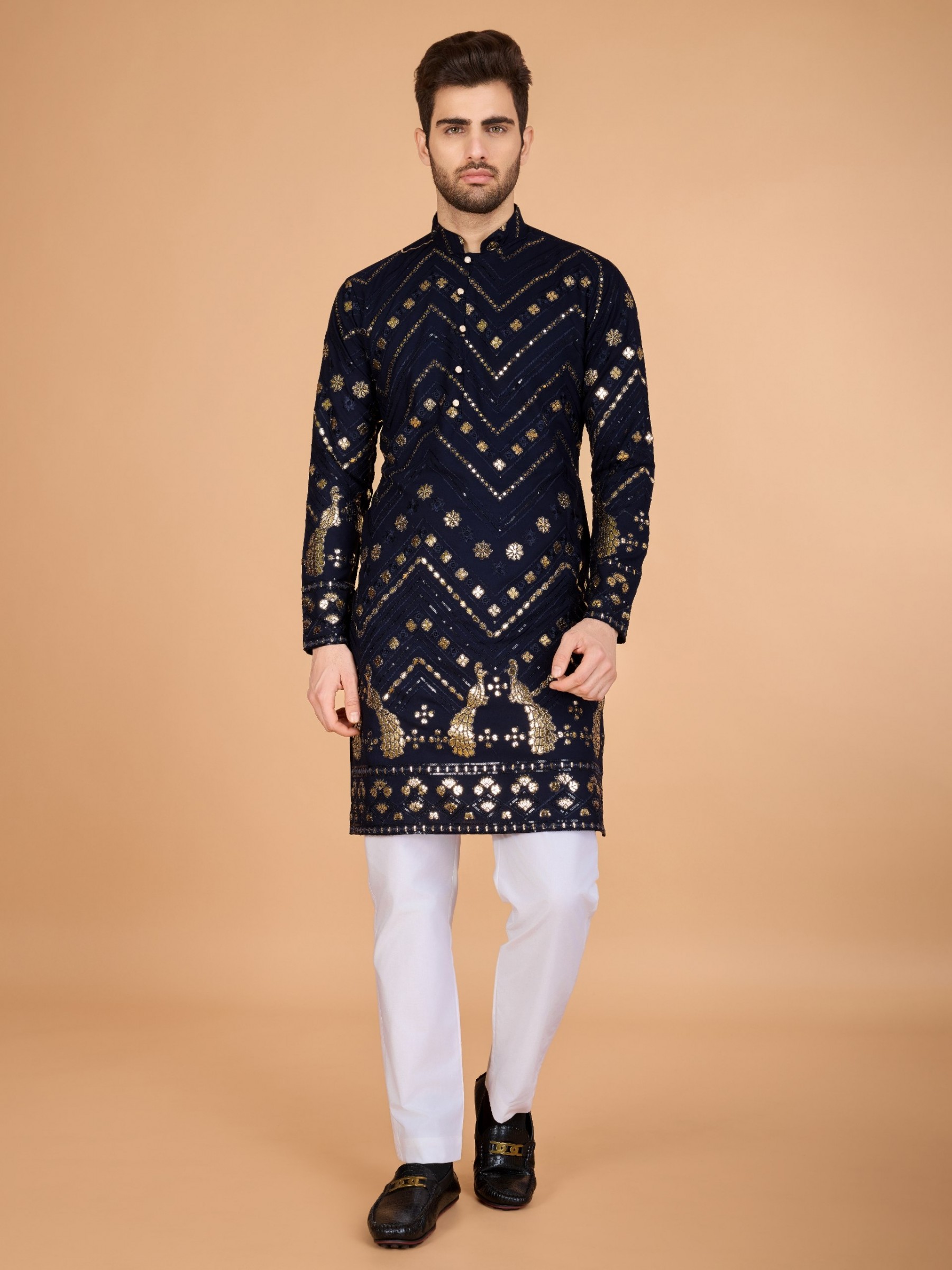 Pure Viscose Rayon Readymade Kurta in Navy Blue Color With Embroidery work 