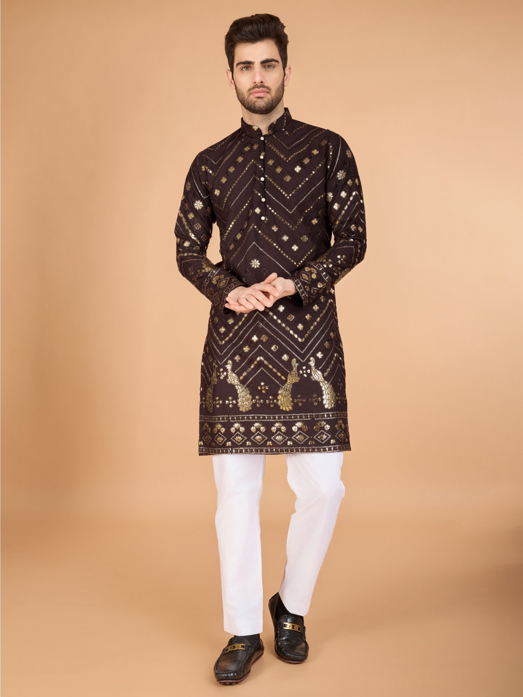 Pure Viscose Rayon Readymade Kurta in Brown Color With Embroidery work 