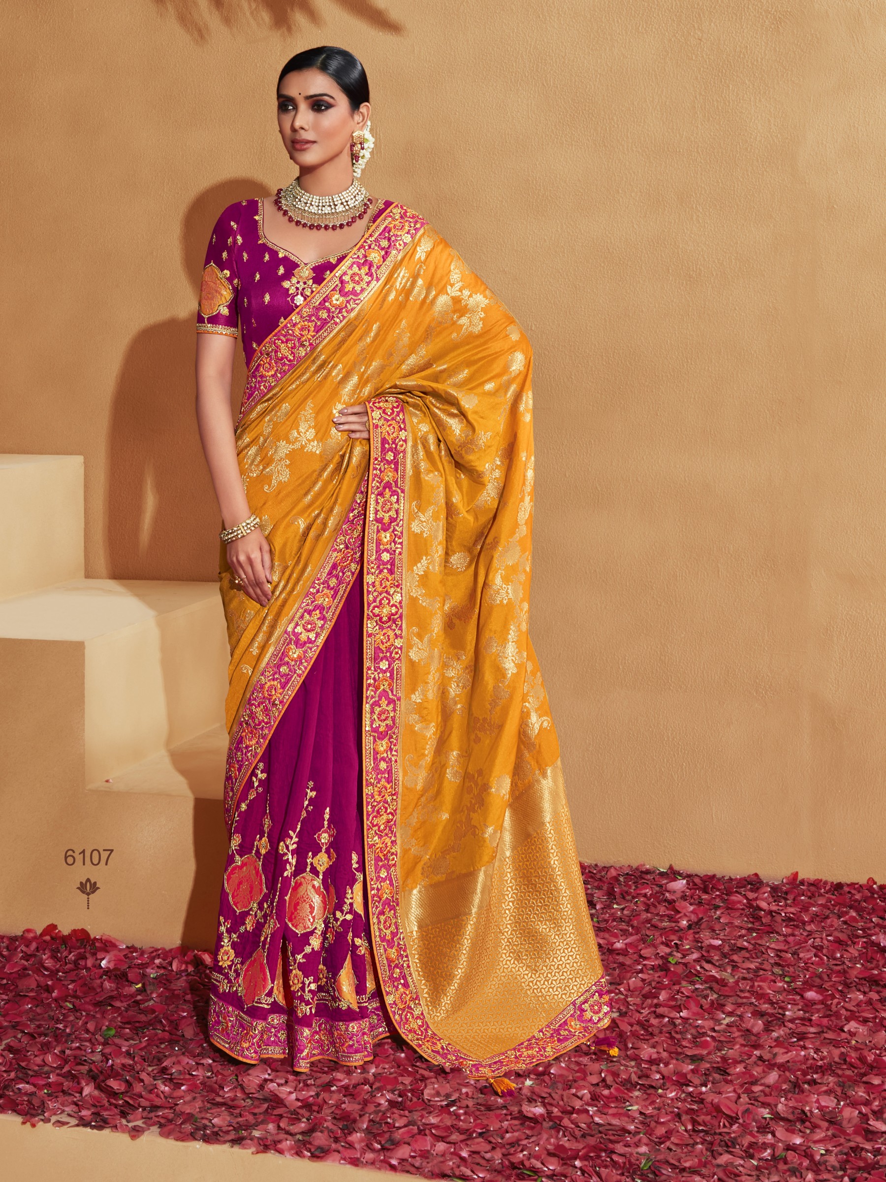  Banarsi silk  Saree Yellow & Magenta Color With Embroidery Work