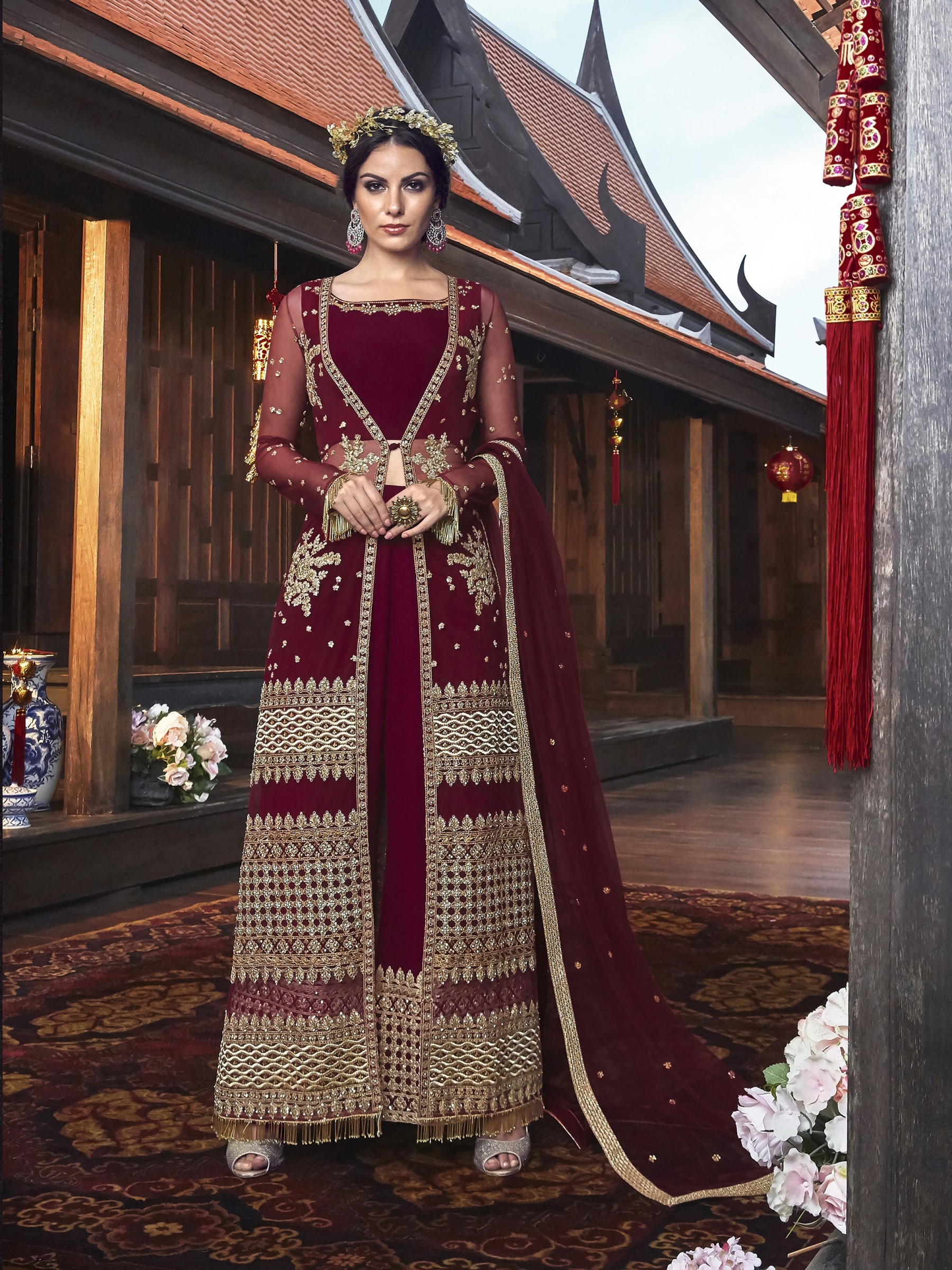 Soft Premium Net Wedding wear Readymade plazo in Maroon with Embroidery & Stone work