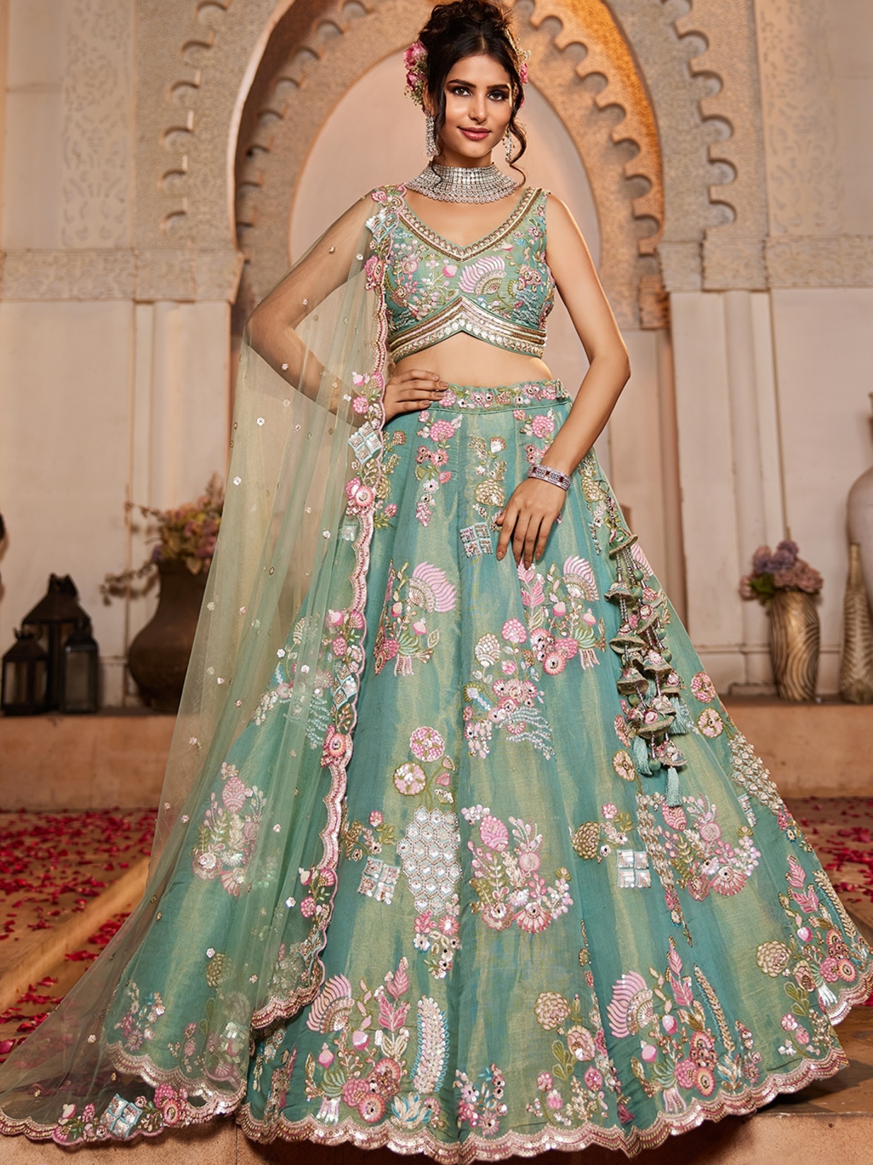 Soft Bridal Net Wedding Wear Lehenga In Sea Green Color With Embroidery Work    