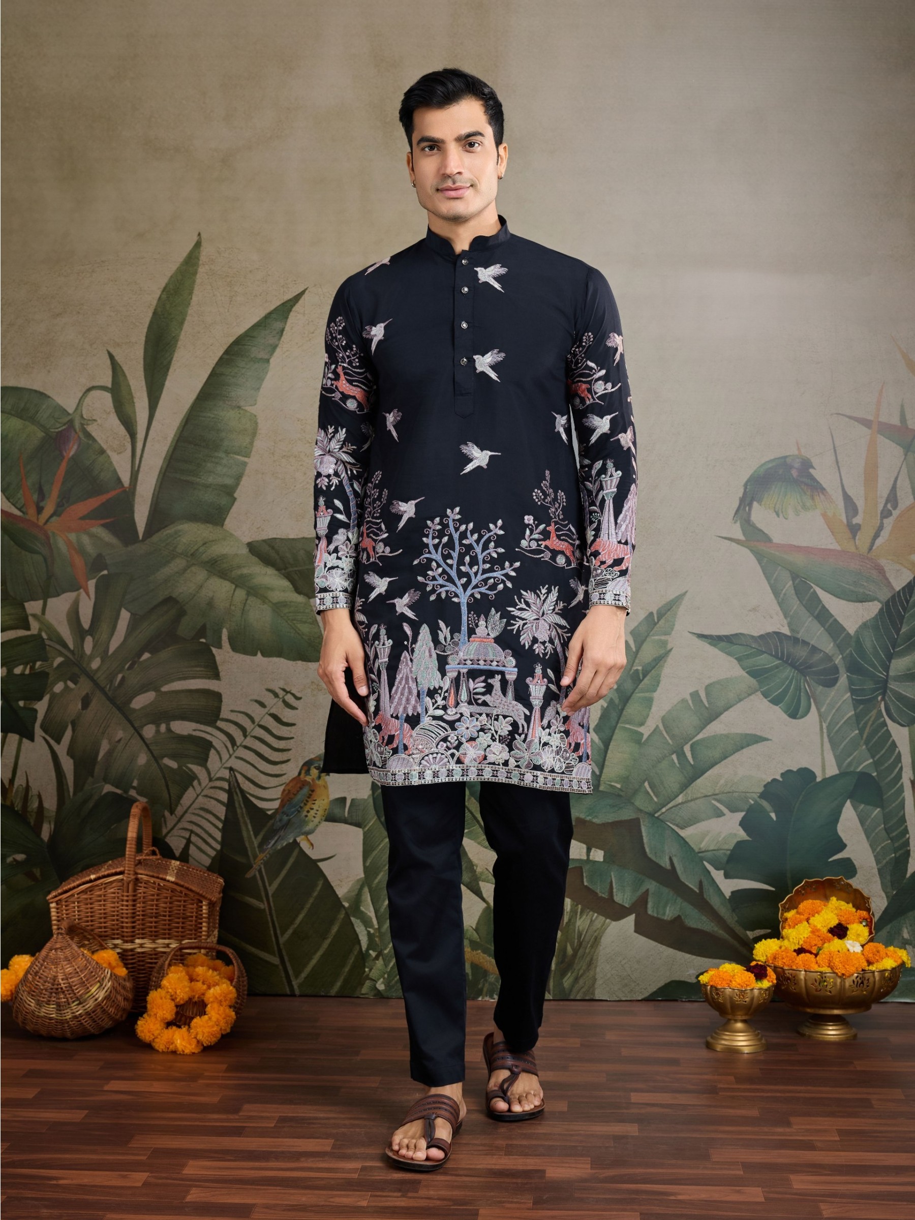 Pure Viscose Readymade Kurta in Black Color With Embroidery work 