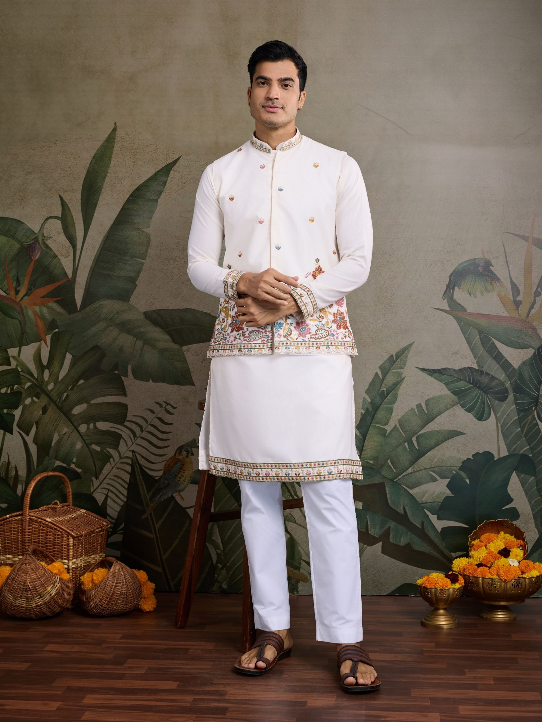 Pure Cotton Readymade Koti Kurta set in White Color With Embroidery work 