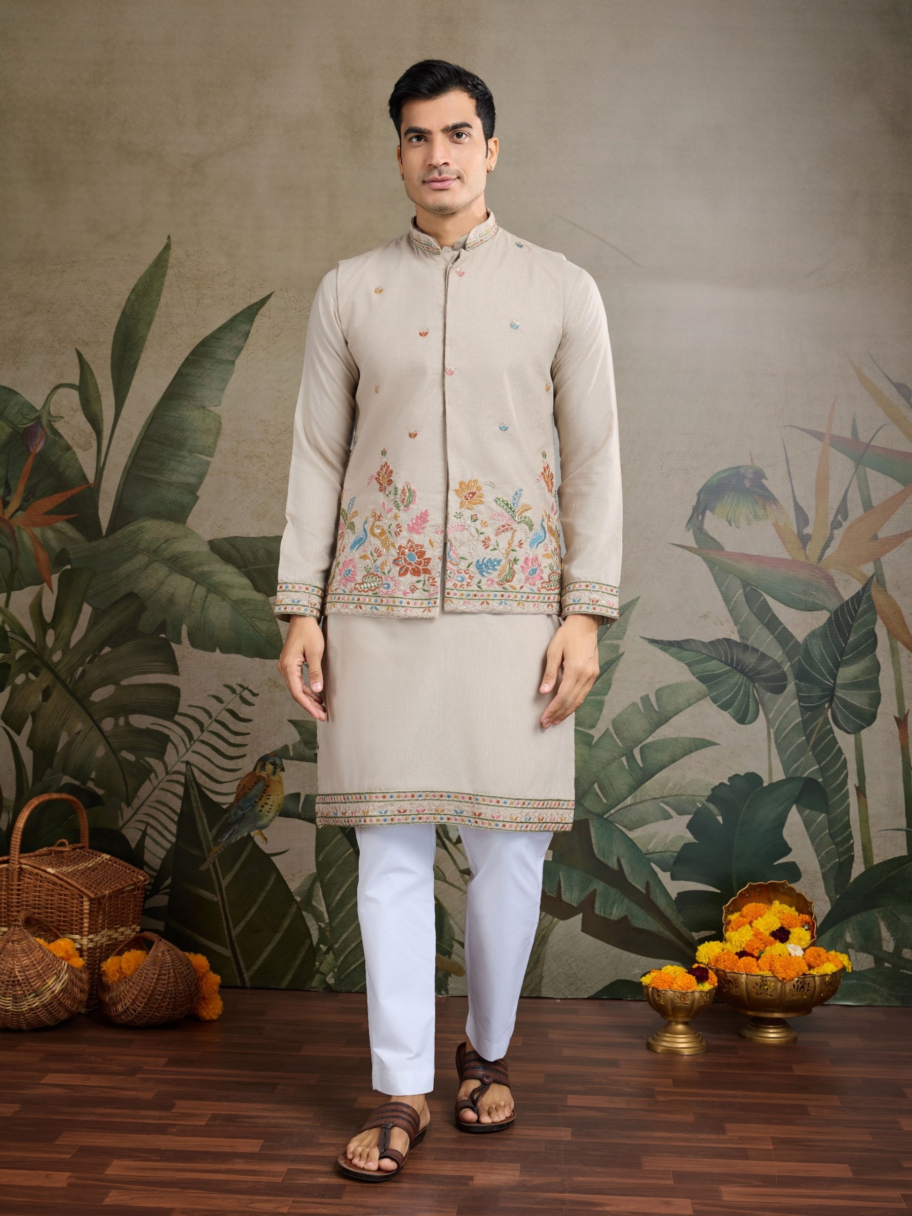 Pure Cotton Readymade Koti Kurta set in Beige Color With Embroidery work 