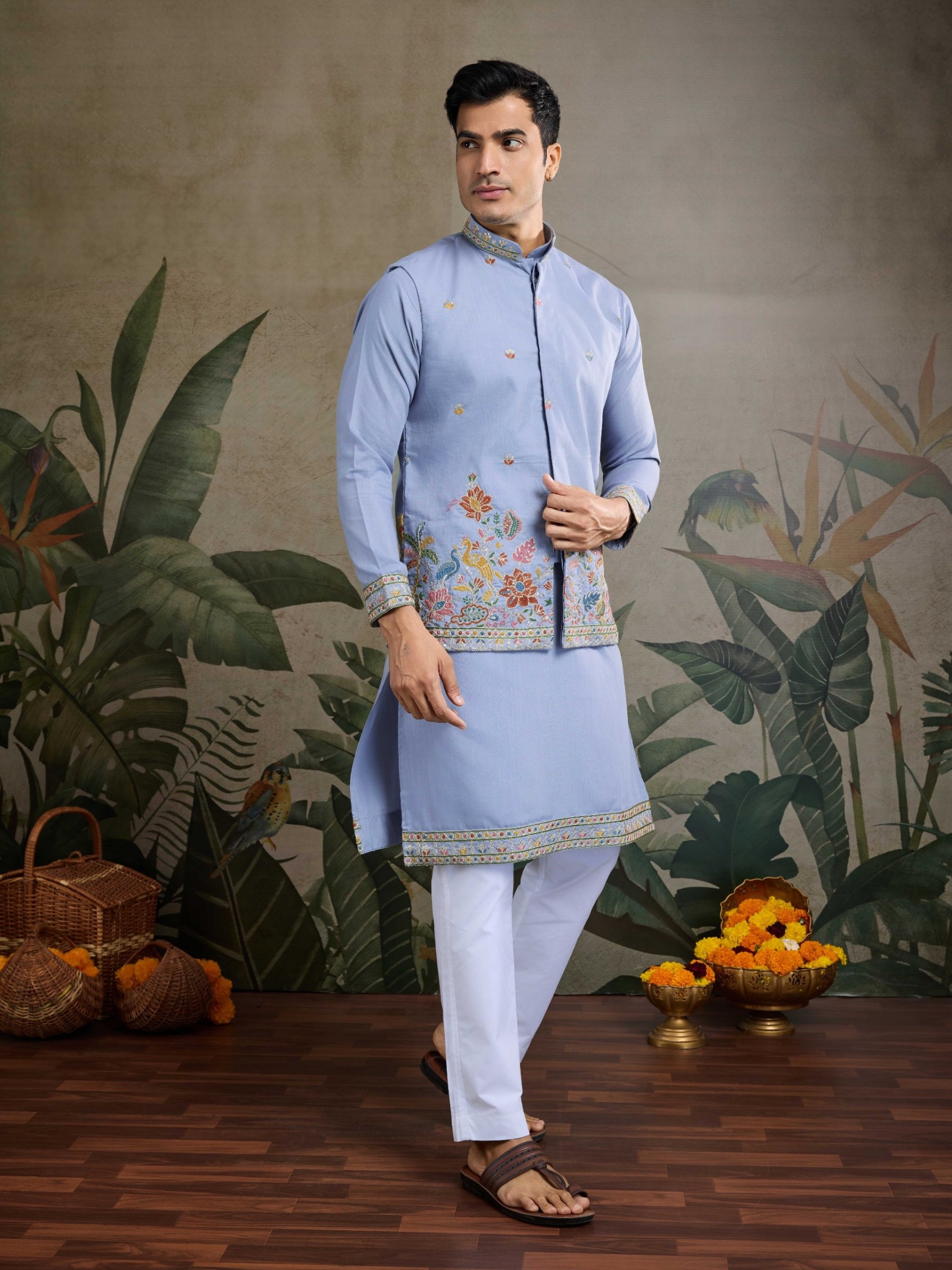 Pure Cotton Readymade Koti Kurta set in Sky Blue Color With Embroidery work 