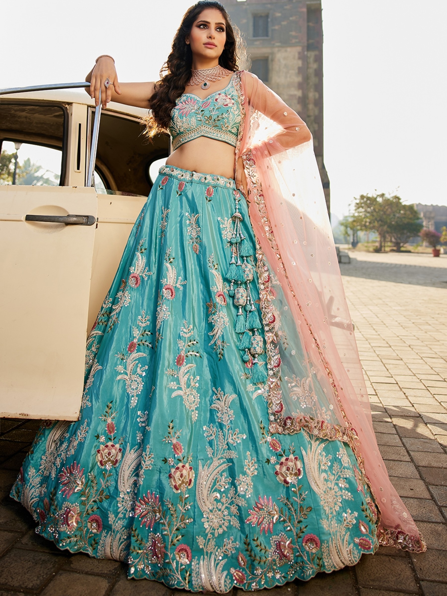 Pure Satin Silk Fabric Wedding Wear Lehenga In Turquoise blue Color With Embroidery Work    