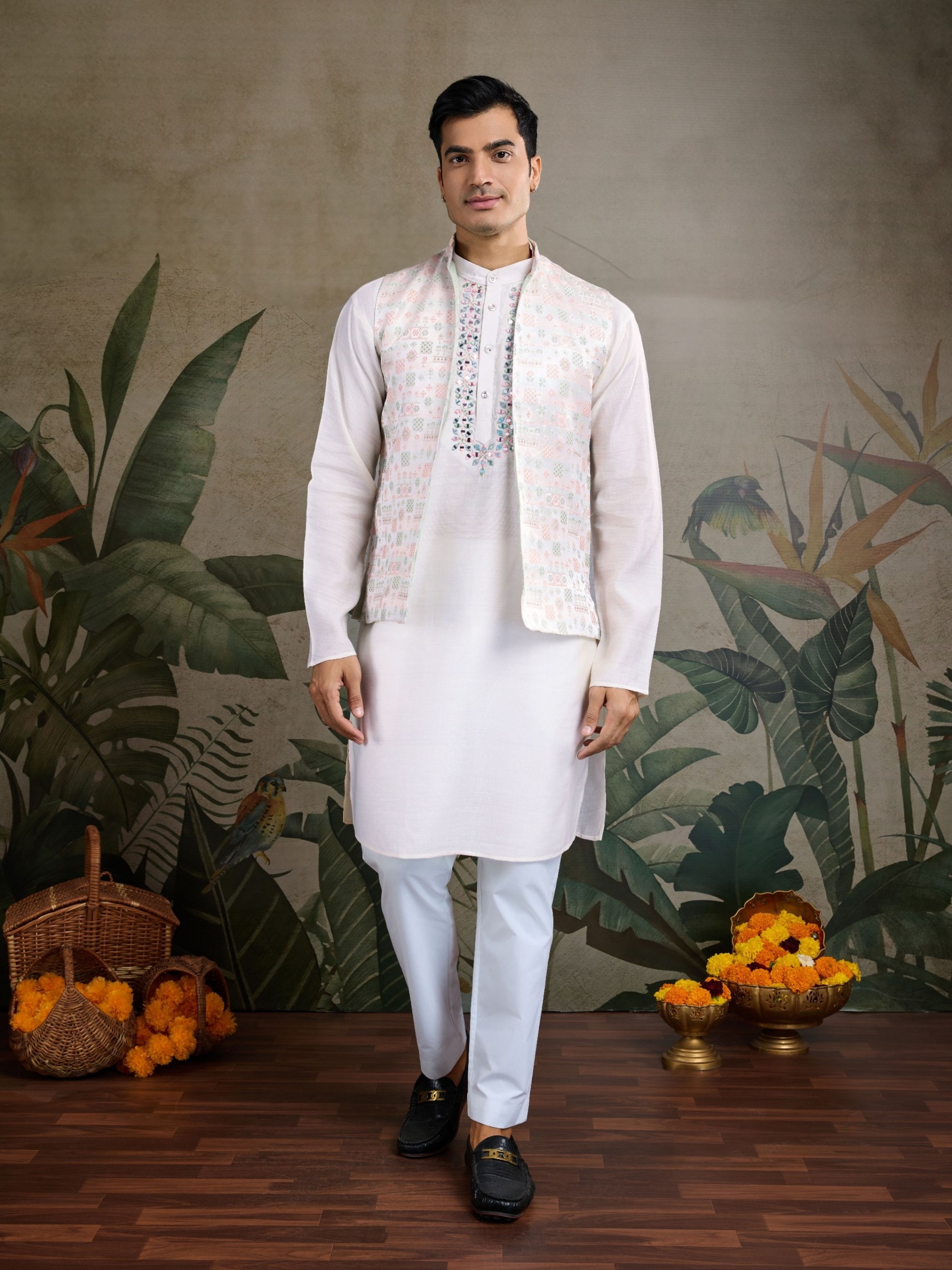 Pure Viscose Readymade Koti Kurta set in White Color With Jacquard work 