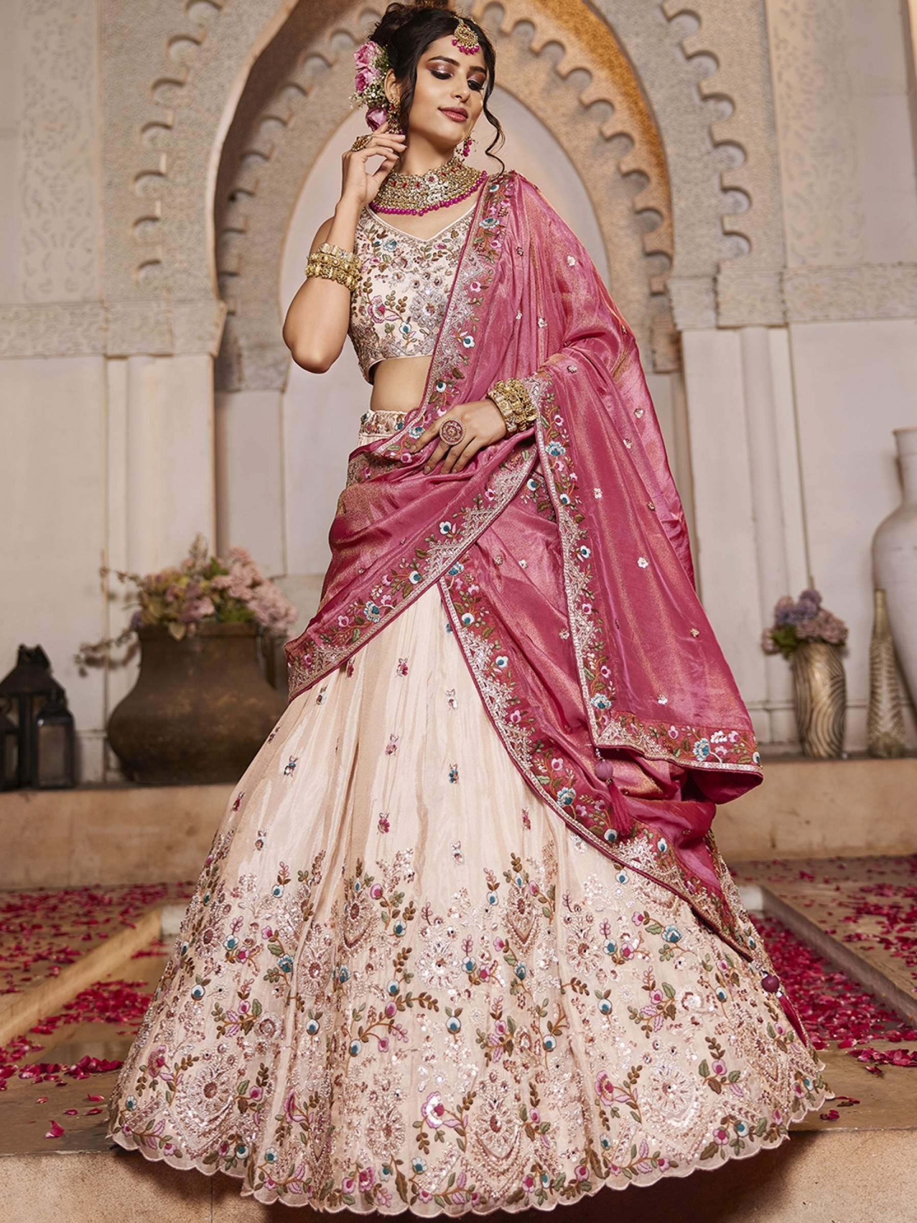 Pure Tissue Silk fabric Wedding Wear Lehenga In Pink Color With Embroidery Work 