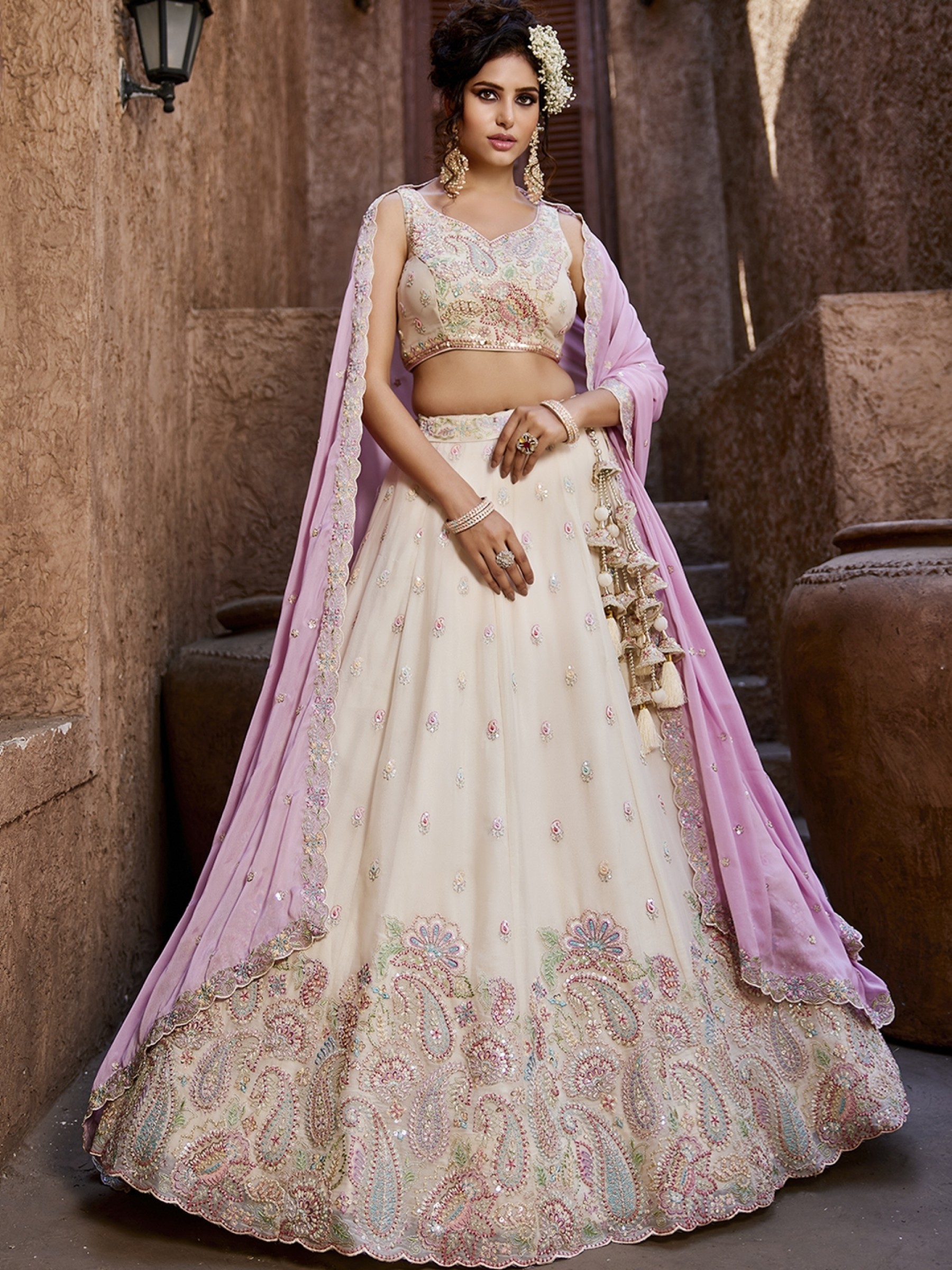 Pure Georgette Fabric Wedding Wear Lehenga In Cream Color With Embroidery Work    