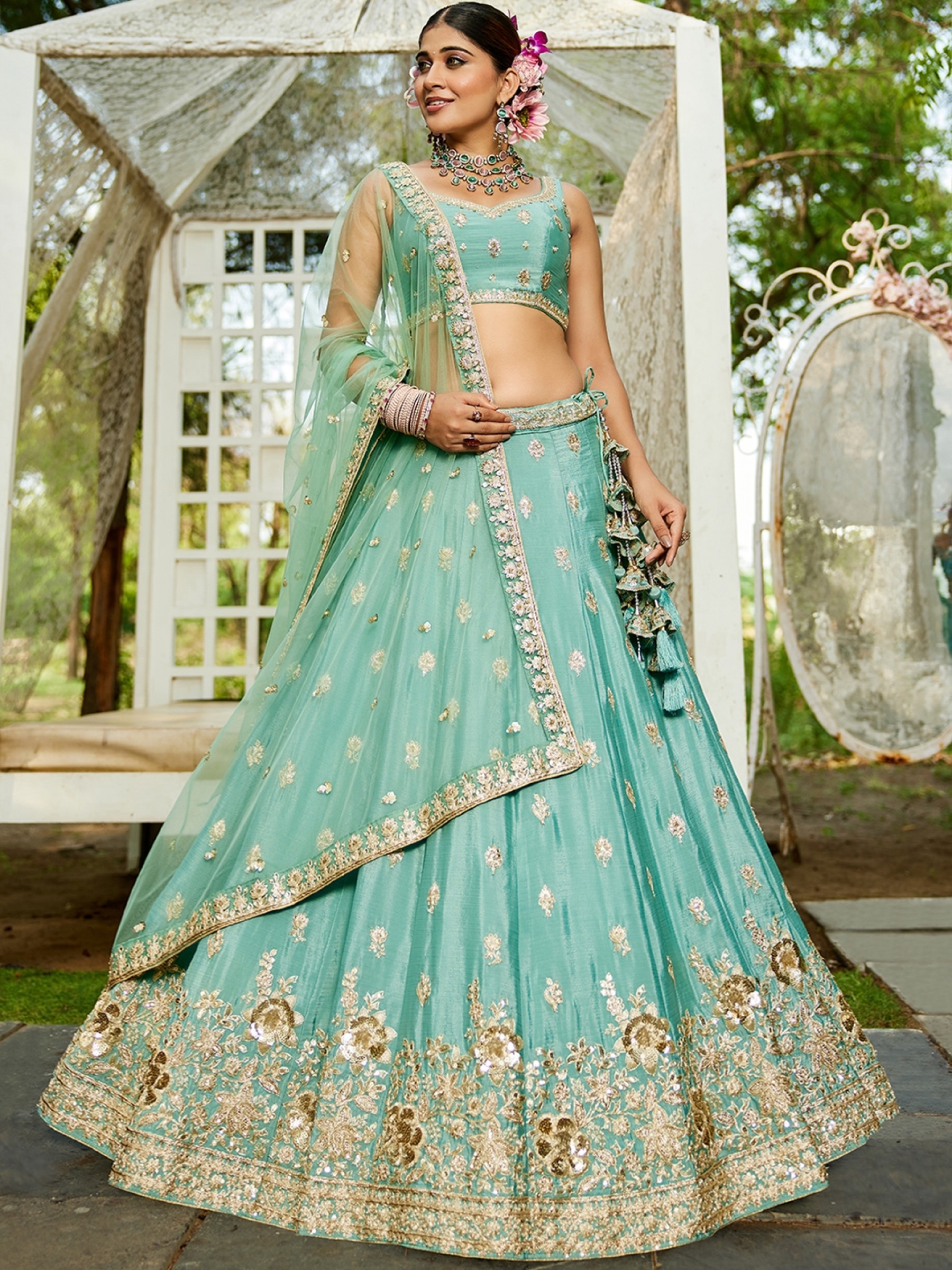Pure Chiffon fabric Party Wear Lehenga In Sea Green Color With Embroidery Work 