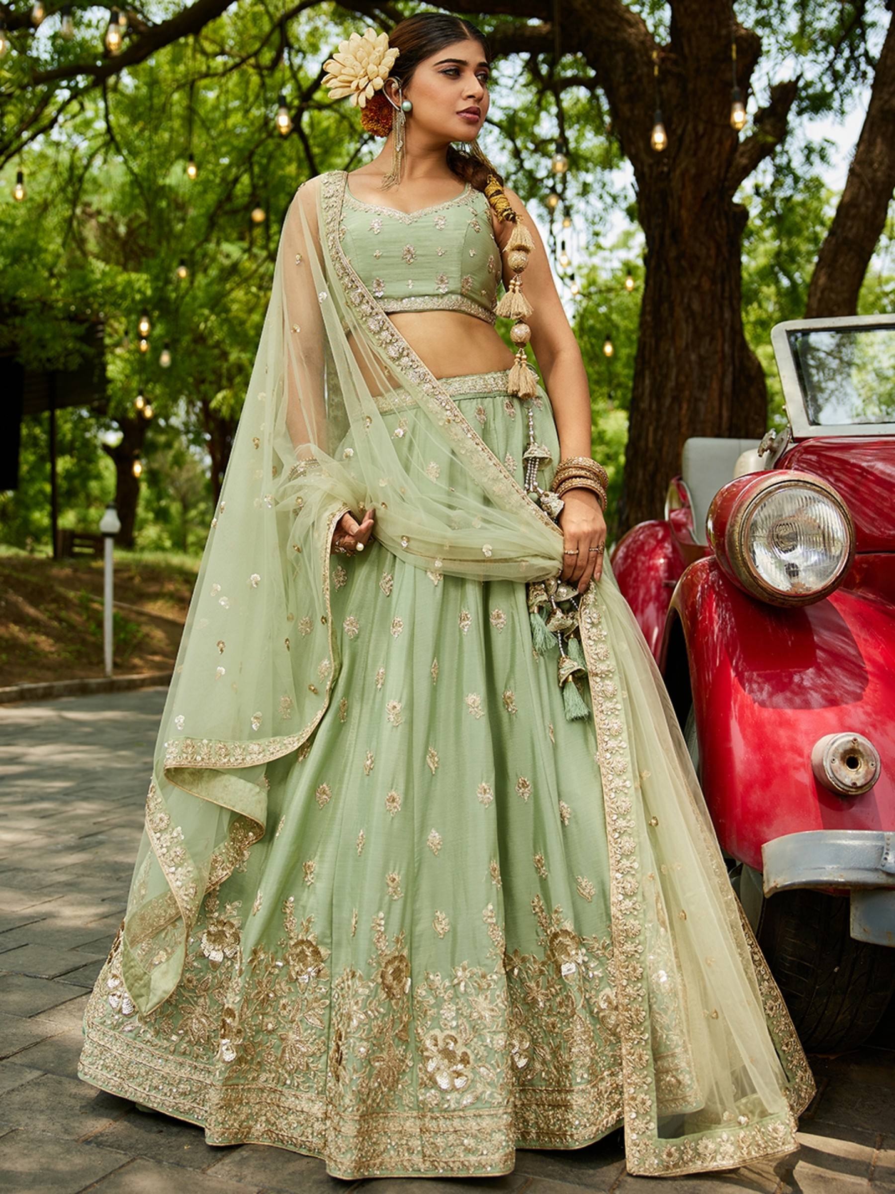 Pure Chiffon fabric Lehenga In Lime Green Color With Embroidery Work 