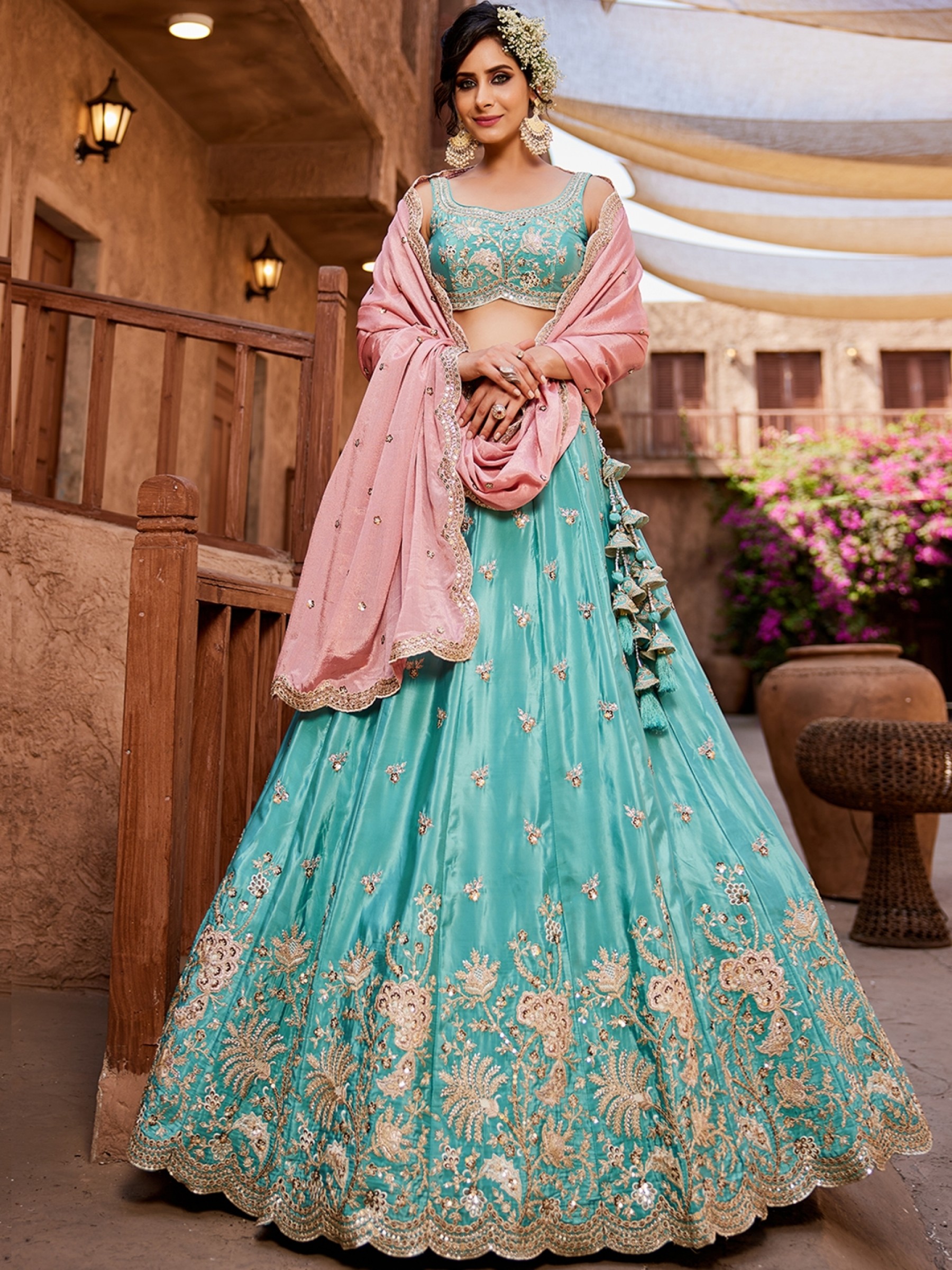 Pure Satin Silk Fabric Wedding Wear Lehenga In Turquoise blue Color With Embroidery Work    